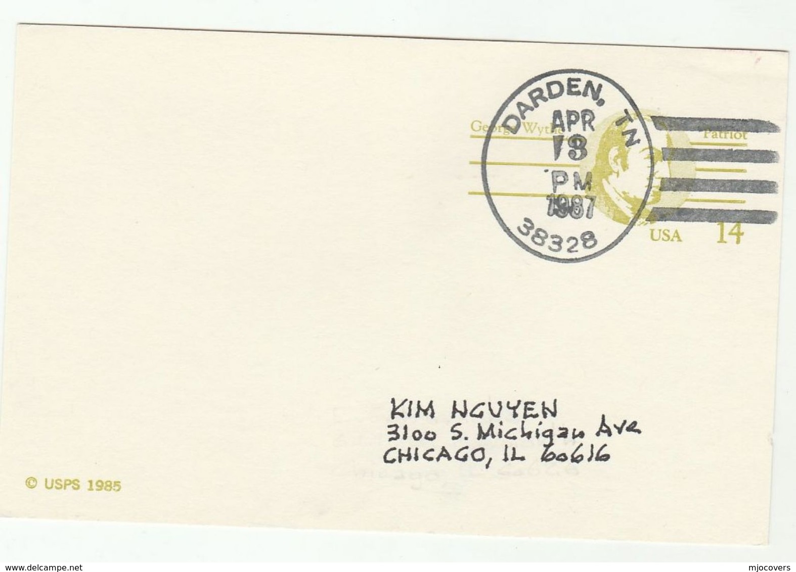 1987 Darden Tn USA POSTAL STATIONERY CARD George Wythe Stamps Cover - 1981-00