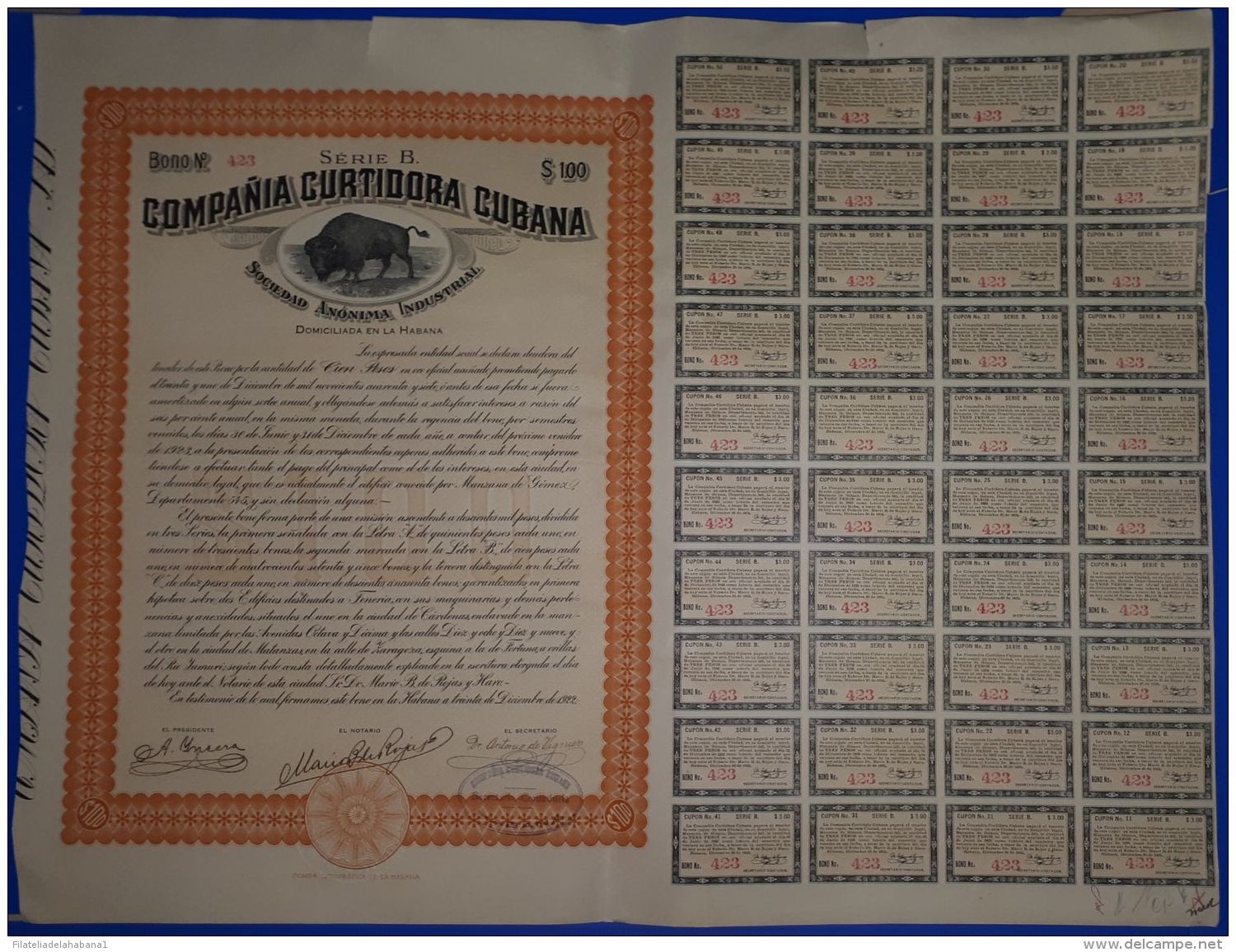 BON-253 CUBA 1947 BONO DE LA COMPAÑIA CURTIDORA CUBANA. BONO 100$. 48x35 Cm. - Altri & Non Classificati