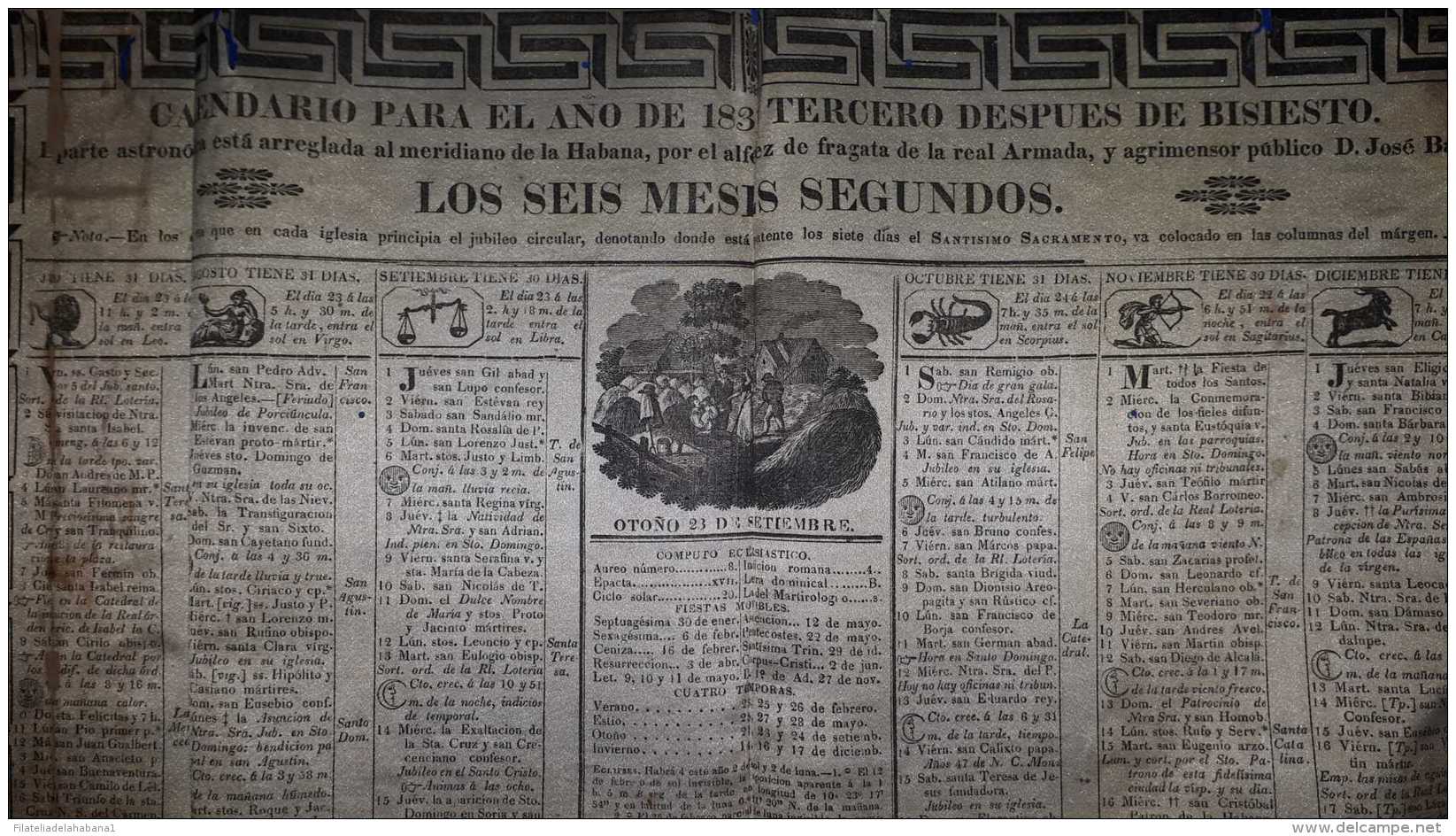 E5588 CUBA SPAIN ESPAÑA 1831. CALENDARIO IMPRESO EN TELA DE 6 MESES. 50x36cm. DEFECTOS VISIBLES. - Historical Documents