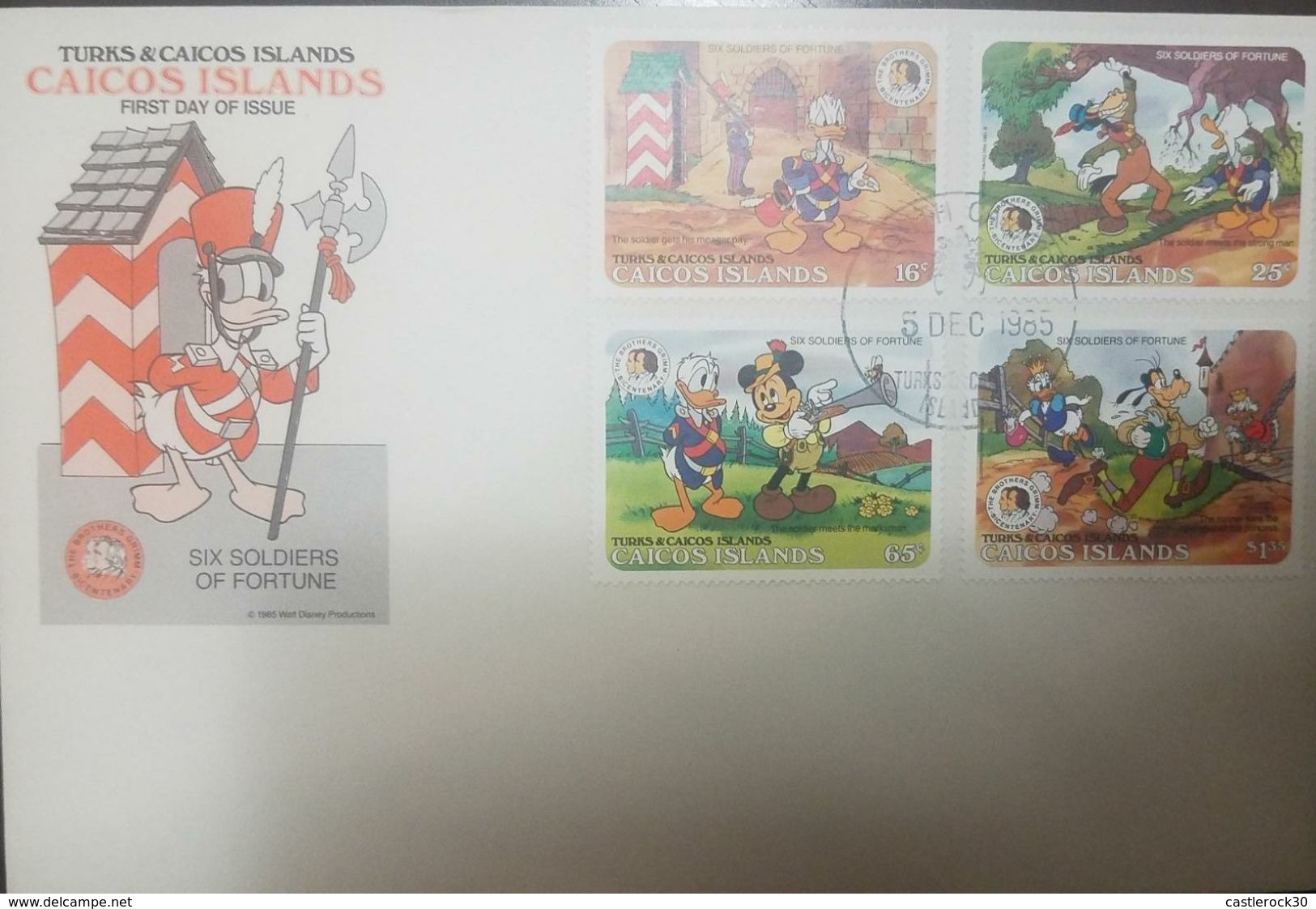 L) 1985 TURKS & CAICO ISLANDS, DISNEY, MICKEY, PLUTO, PATO DONALDS, SIX SOLDIER OF FORTUNE, CARTOON, FDC - Turks & Caicos