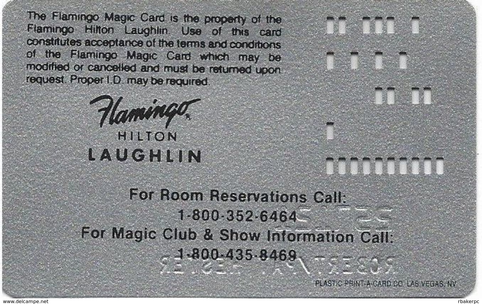 Flamingo Hilton Casino Lauglin, NV - Slot Card - No Logo On Front - PPC On Reverse - Casino Cards