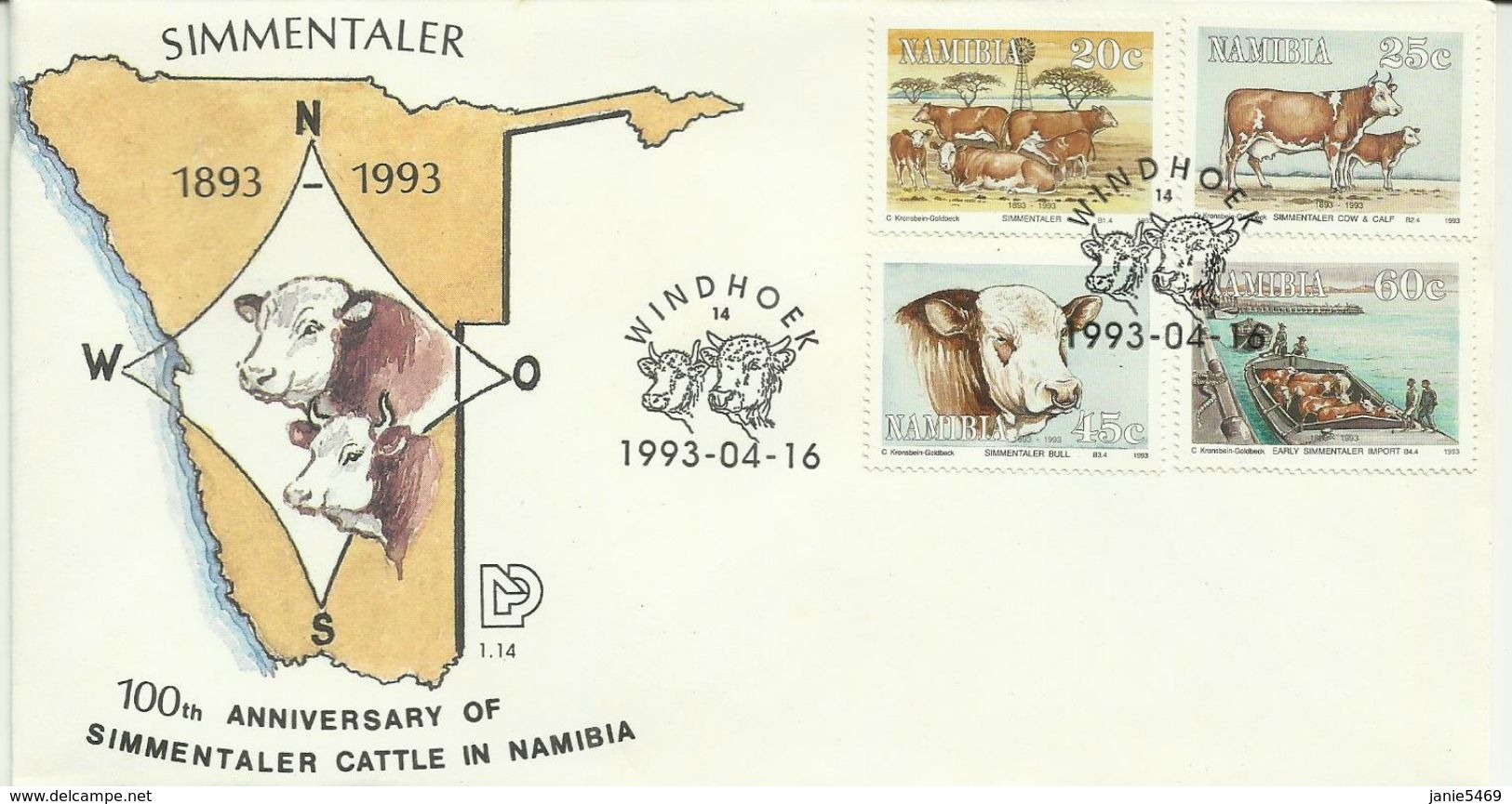 Namibia 1993 100th Anniversary Of Simmentaler Cattle FDC - Namibia (1990- ...)