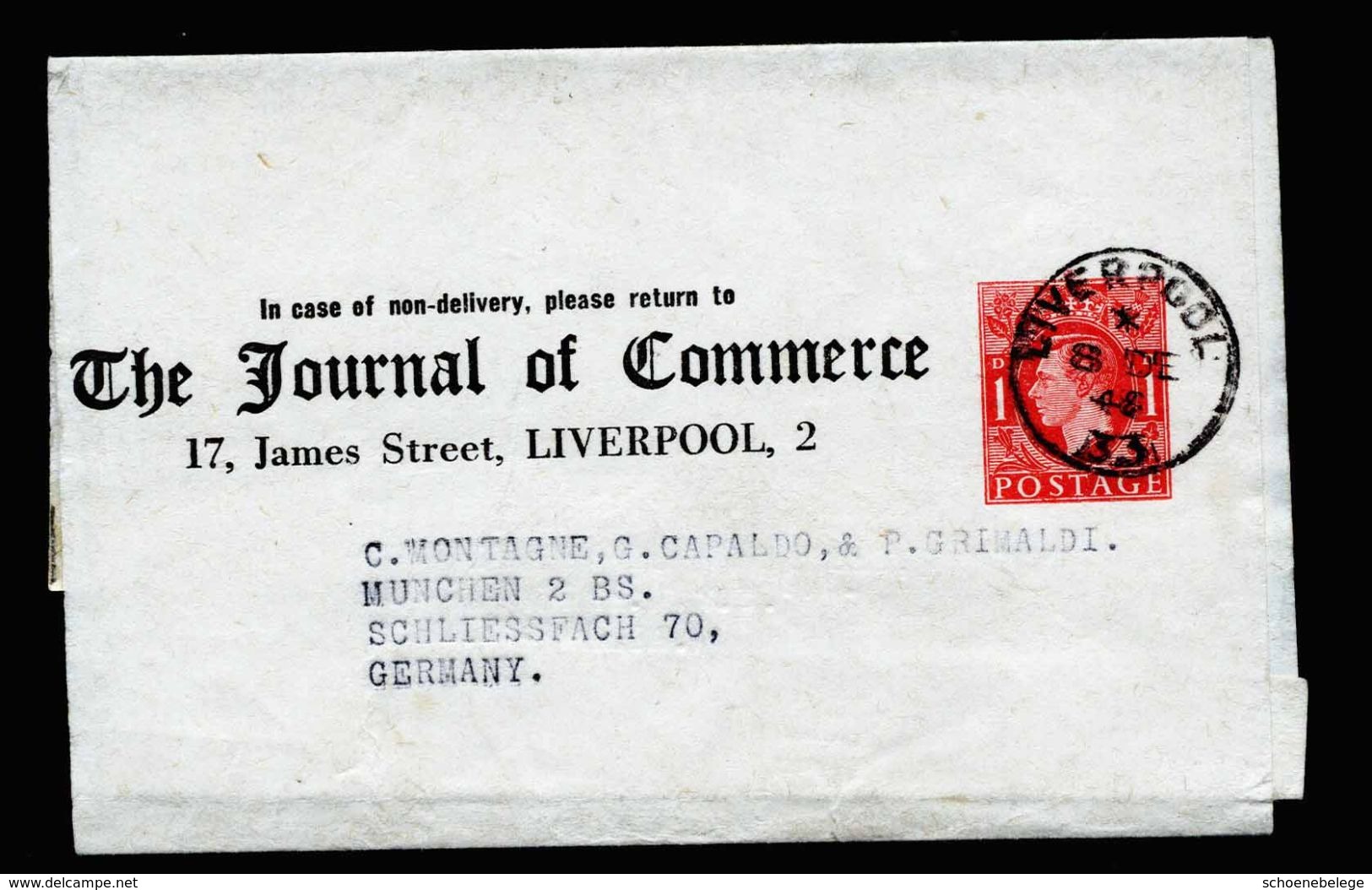 A5200) UK Werbestreifband Wrapper Liverpool 8.12.48 N. Germany - Briefe U. Dokumente