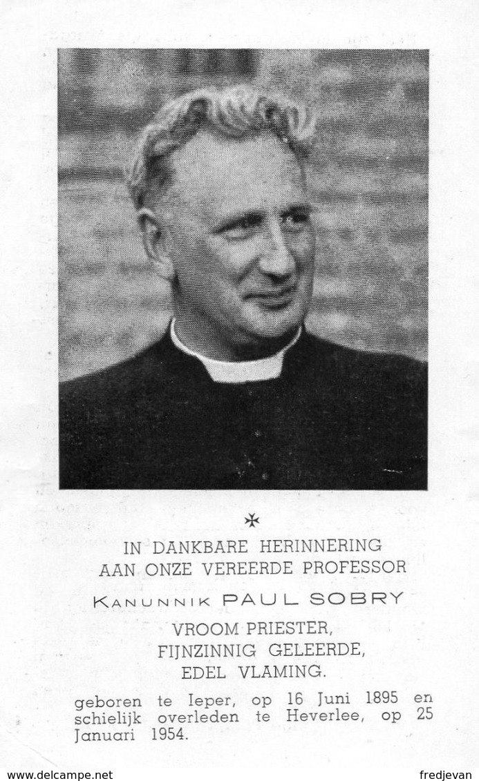 Priester Kanunnik Paul Sobry - 1895 / 1954 - Geboren Te Ieper - Images Religieuses