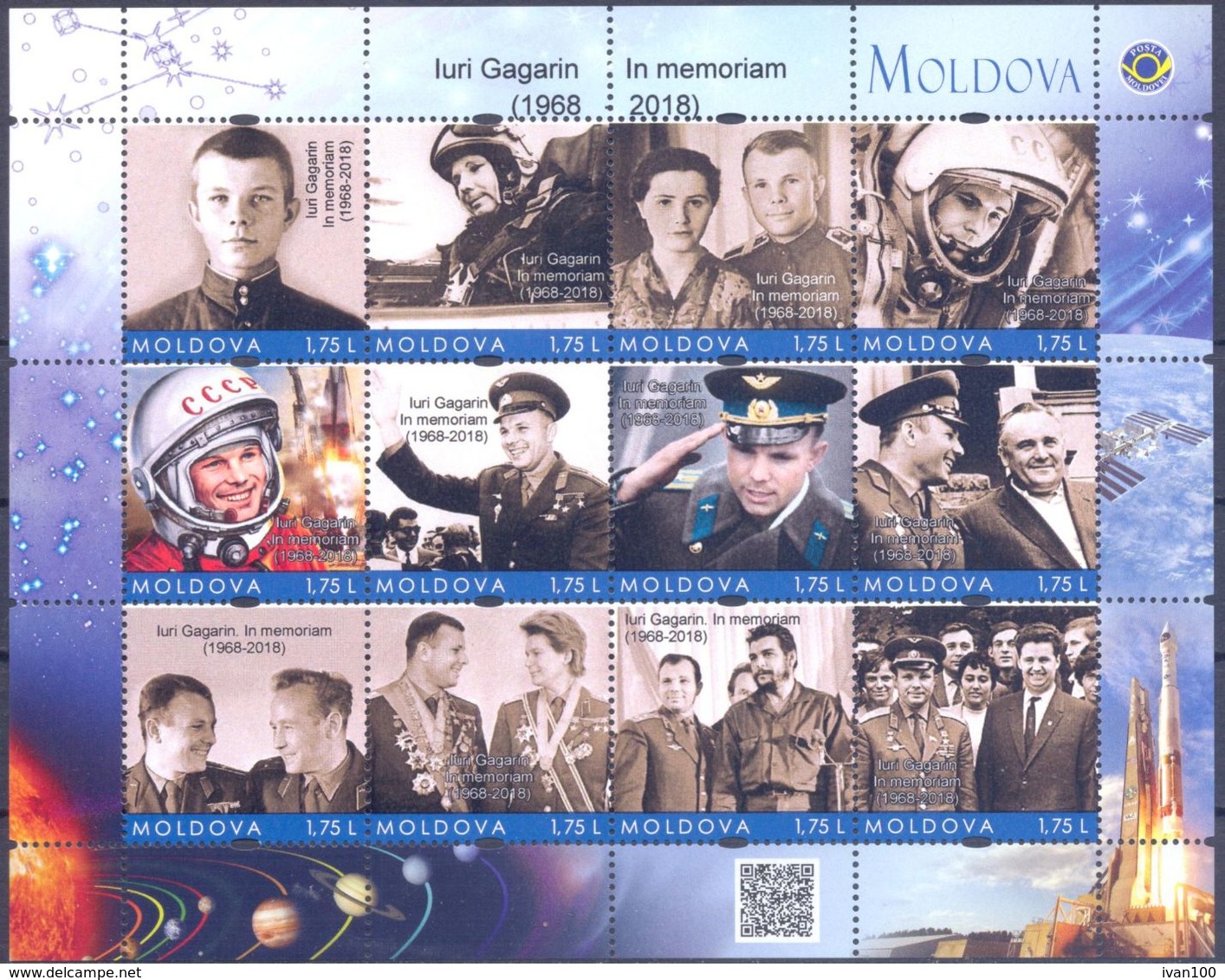 2018.  Space, Personal Stamps, Yurii Gagarin, In Memorium (1968-2018), 12v In Sheetlet, Mint/** - Europa