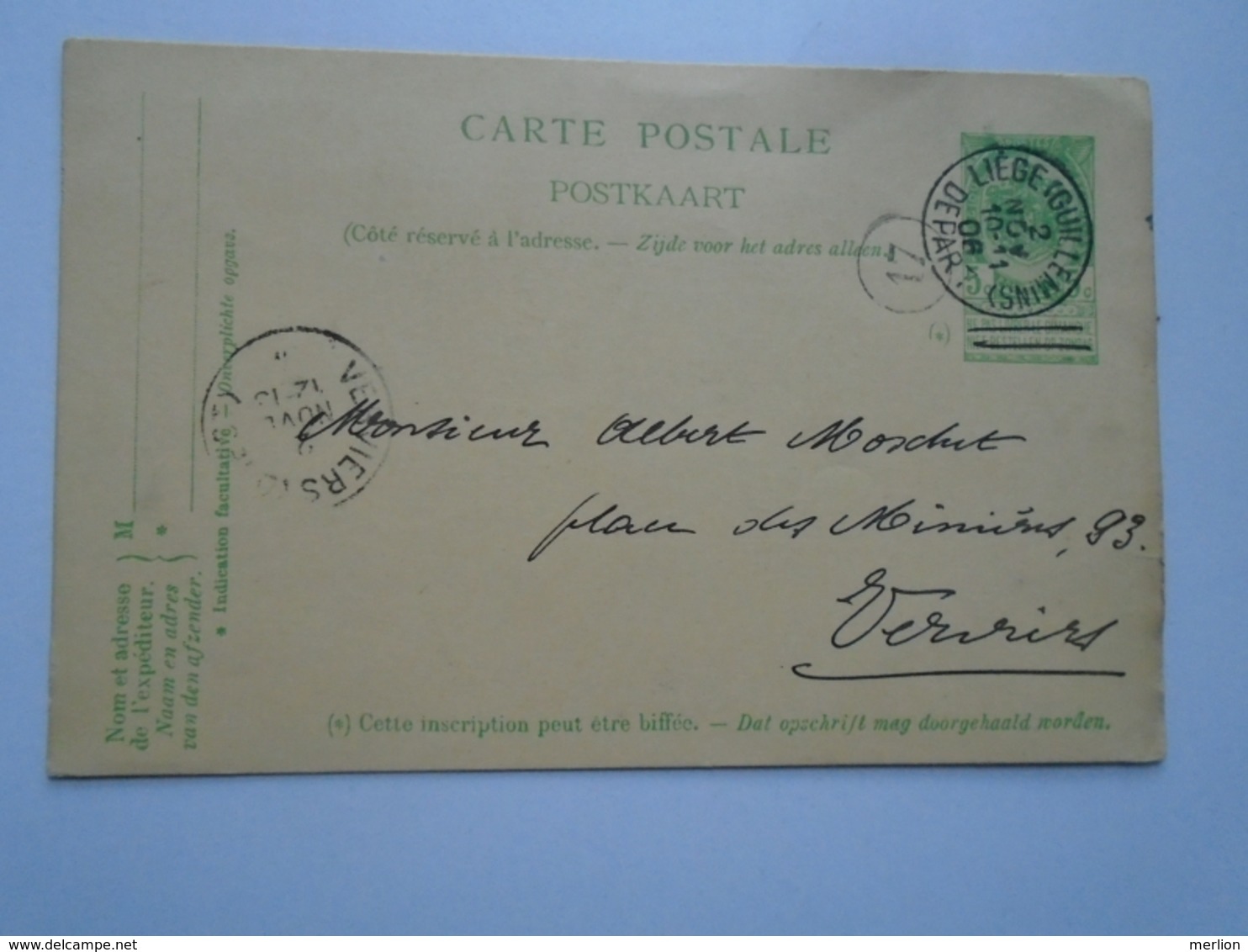 D156866  Belgique - Carte Postale 1906 - Oblitération Liege  Guillemins  á Verviers Ouest - Autres & Non Classés