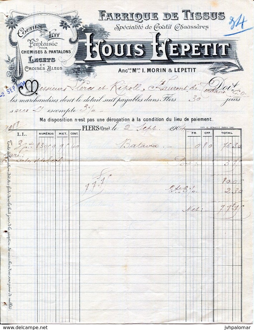 FABRIQUE DE TISSUS- LOUIS LEPETIT- 1904- FLERS - Textilos & Vestidos