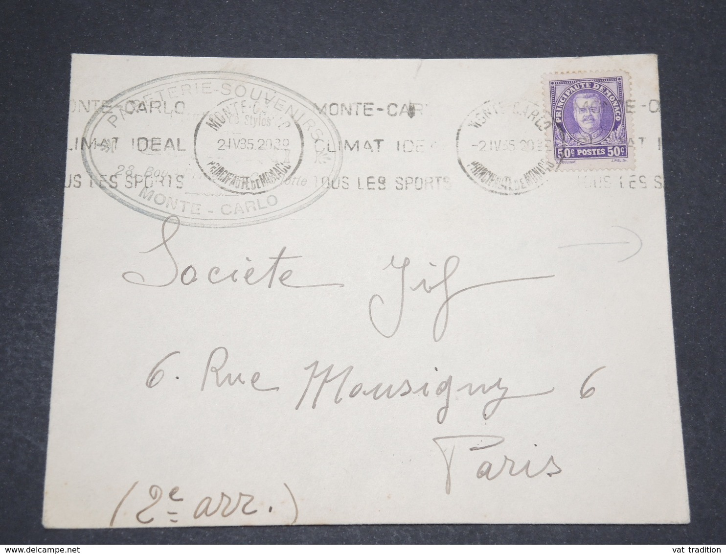 MONACO - Enveloppe Commerciale Pour Paris En 1935 , Vignettes Au Verso  - L 14149 - Cartas & Documentos