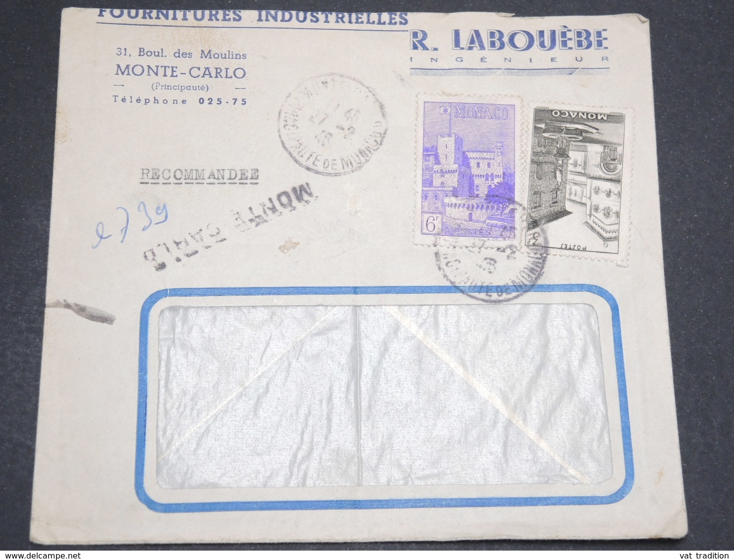 MONACO - Enveloppe Commerciale En Recommandé Provisoire Pour Courbevoie En 1946  - L 14150 - Storia Postale