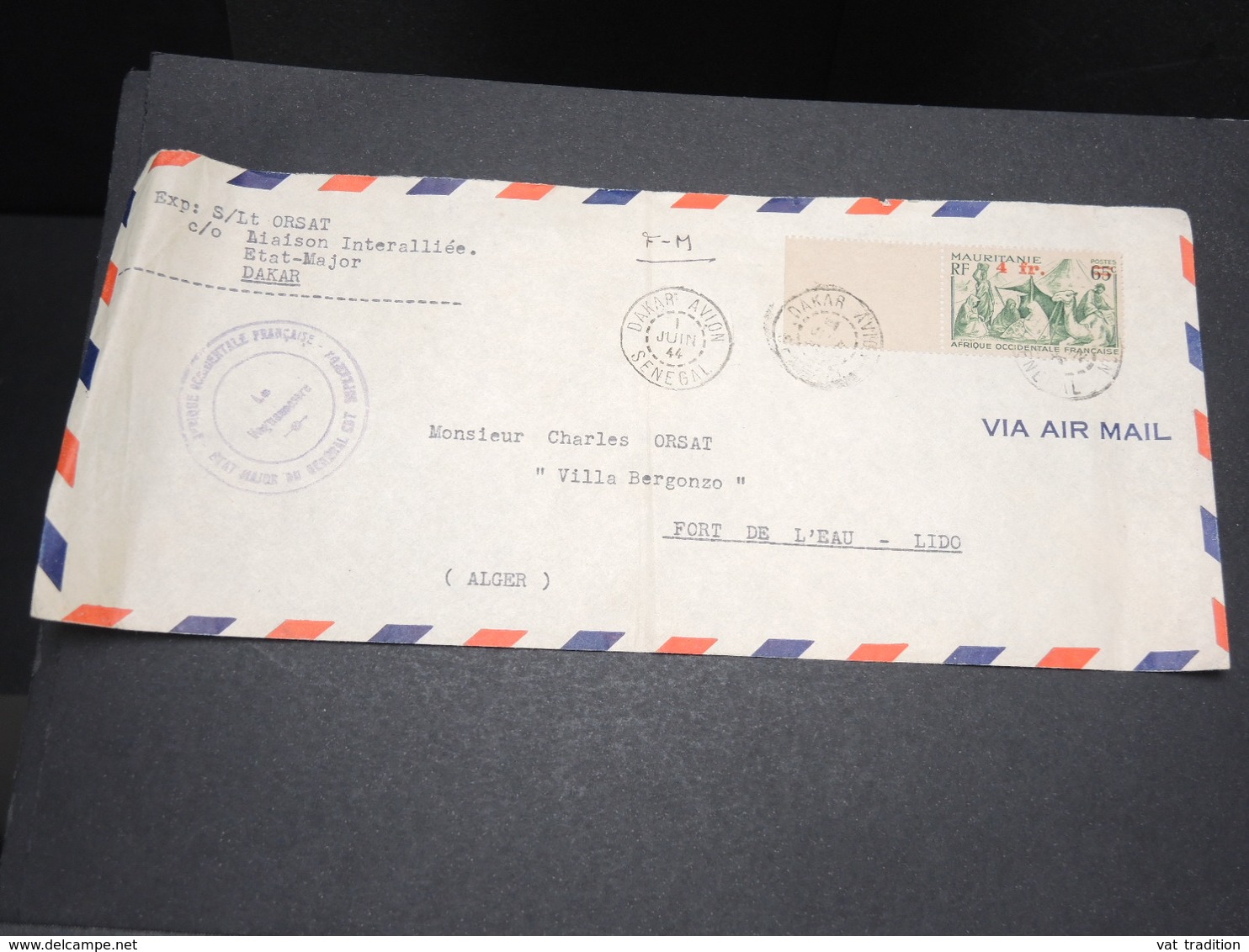 SÉNÉGAL - Enveloppe En FM De Dakar Pour Alger En 1944 Par Avion - L 14163 - Lettres & Documents