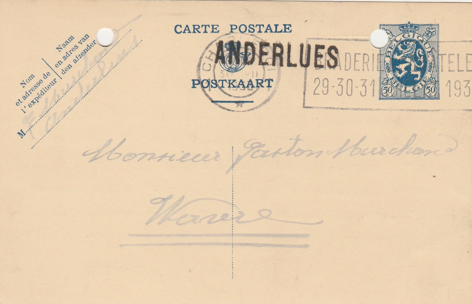 Anderlues  , Griffe Linéaire   , Cachet  Charleroi , Entier Postal - Sello Lineal