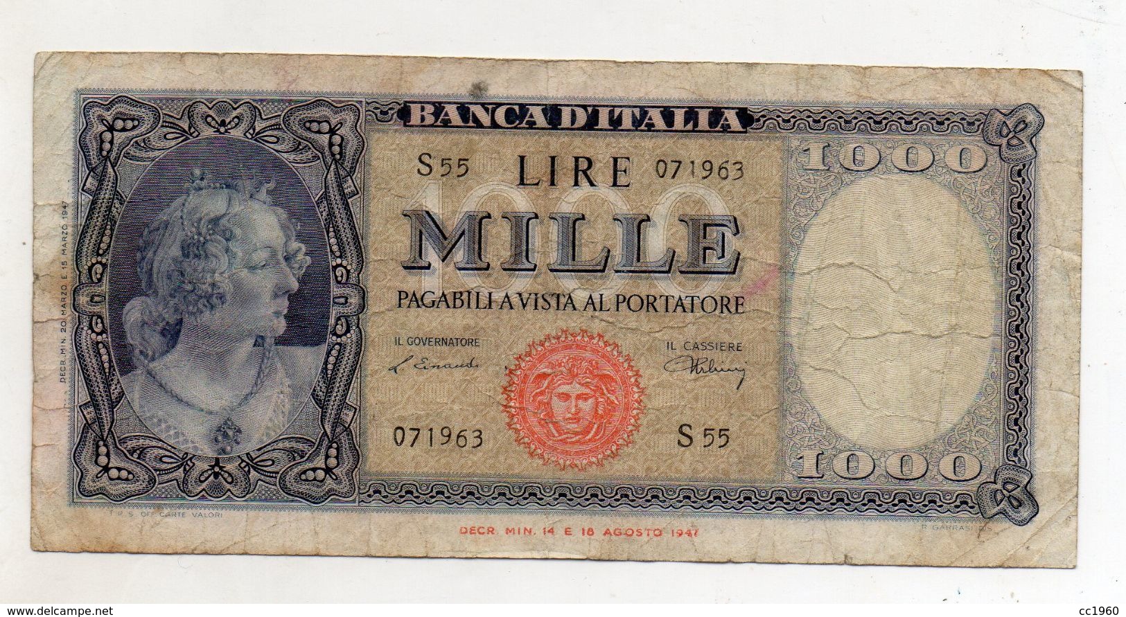 Italia - Banconota Da Lire 1.000  Italia Ornata Di Perle/Medusa - Decreto 20 Marzo 1947 - (FDC8568) - 1000 Lire