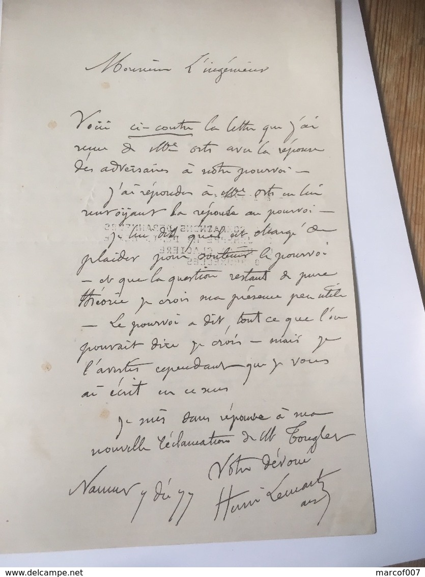 NAMUR - Henri Lemaitre - Lettre 1877 De Namur Pour TAMINES - Autres & Non Classés