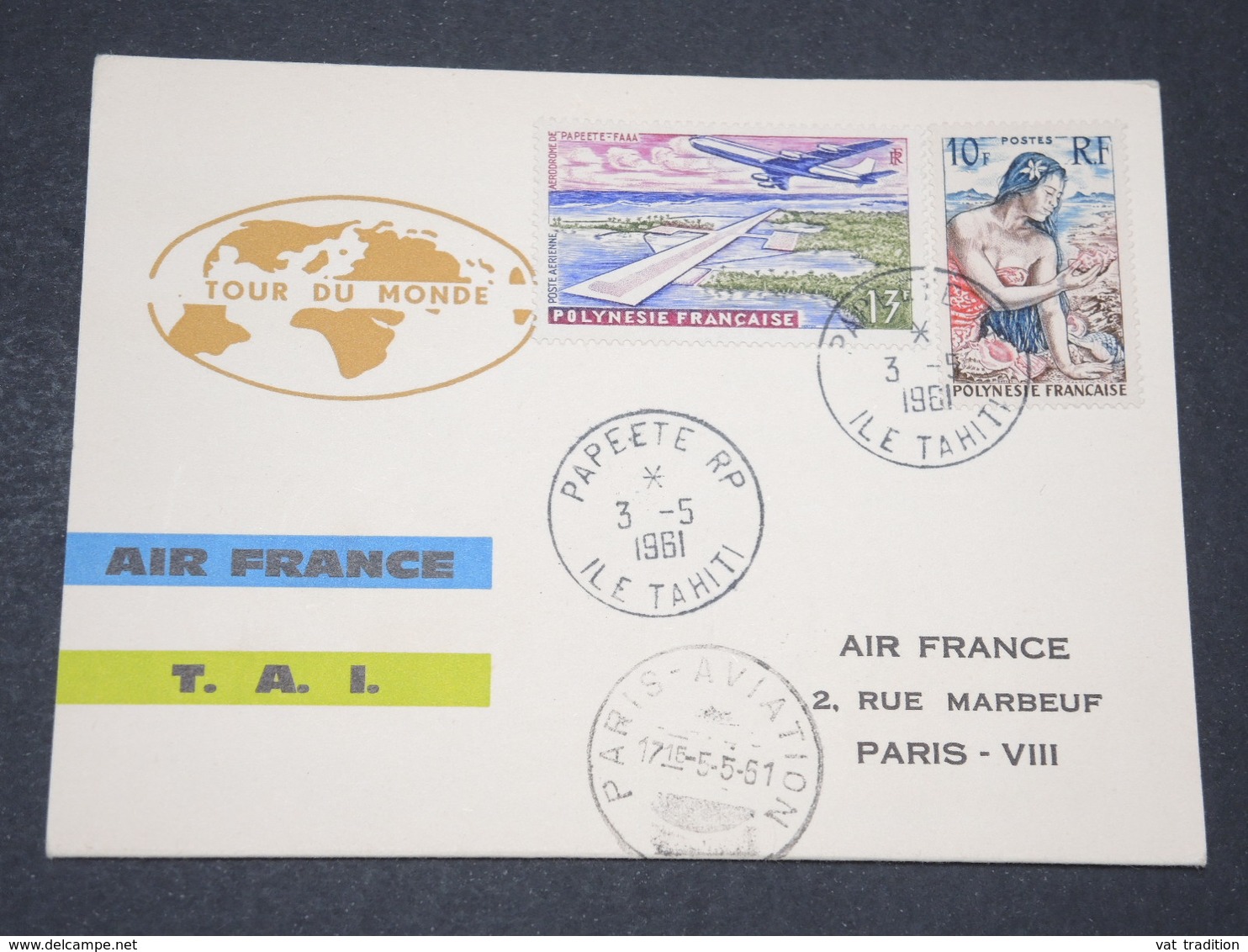 POLYNÉSIE - Carte " Tour Du Monde " De Paris Pour Papeete / Papeete Pour Paris En 1961 - L 14230 - Lettres & Documents