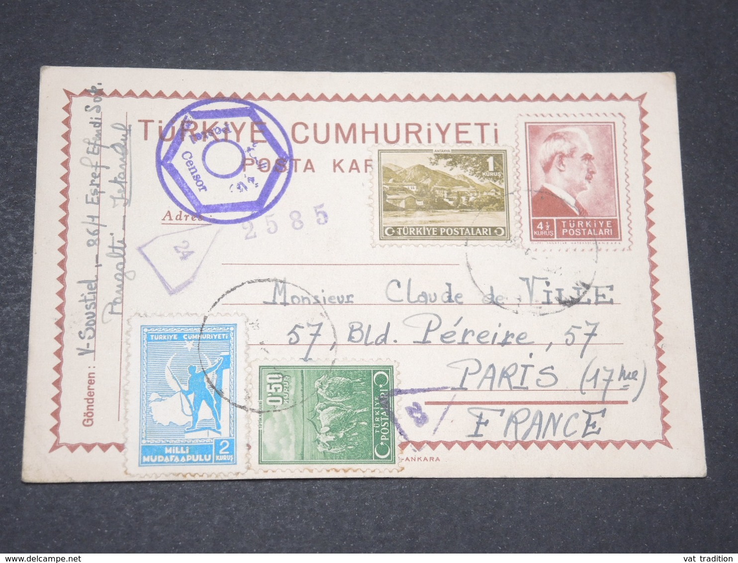 TURQUIE - Entier Postal + Complément De Istambul Pour La France En 1945 Avec Contrôle Postal - L 14236 - Lettres & Documents