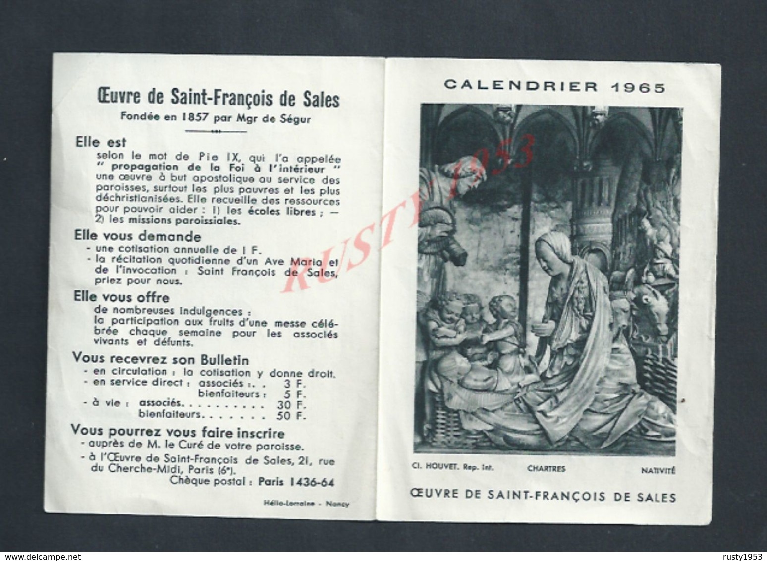 RELIGION CALENDIER DE 1965 OUEVRE DE SAINT FRANÇOIS DE SALES - Petit Format : 1961-70