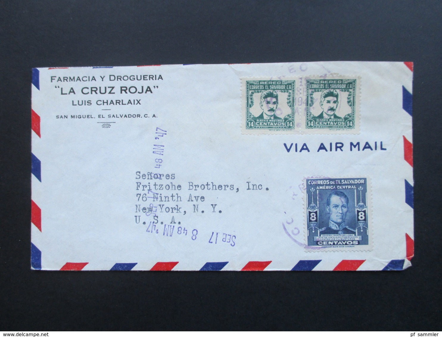 El Salvador 1947 Airmail Luftpostbrief Nach Ney York. Farmacia Y Drogueria La Cruz Roja. Luis Charlaix - El Salvador