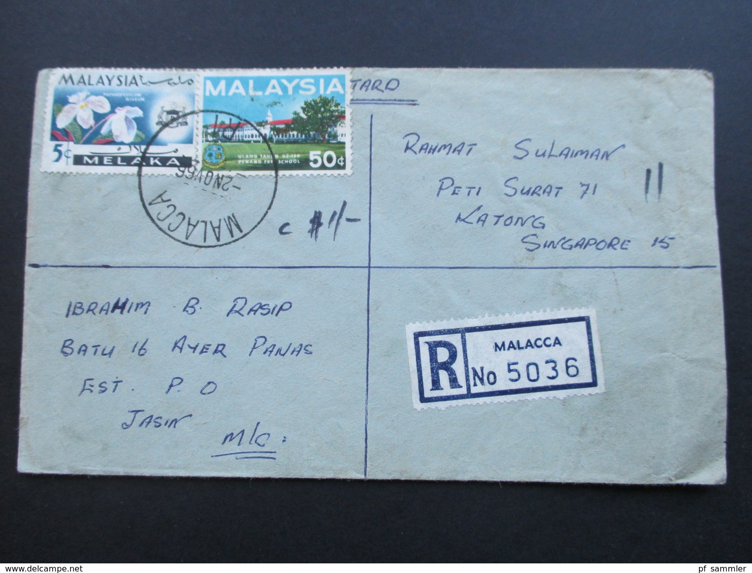 Malaysia 1966 R-Brief Malacca No 5036 Nach Katong Singapore! 5 Stempel!! - Malaysia (1964-...)