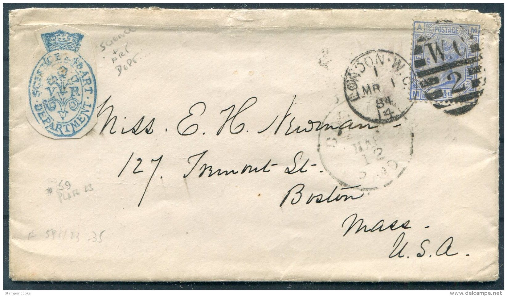 1884 GB London WC2 Duplex - Boston, USA. VR Science &amp; Art Department - Storia Postale