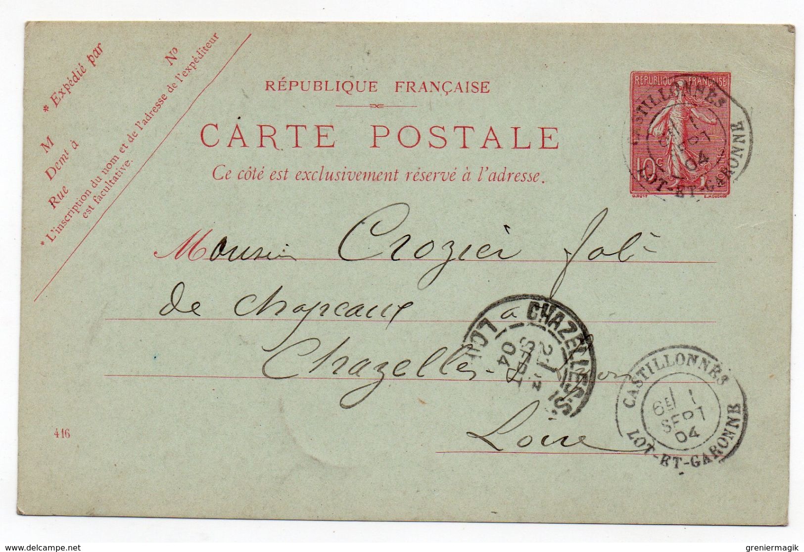 Entier Postal CP 10c Semeuse Lignée Date 416 Castillonnes (Lot-et-Garonne) Pour Chazelles-sur-Lyon 1904 - Standard Postcards & Stamped On Demand (before 1995)