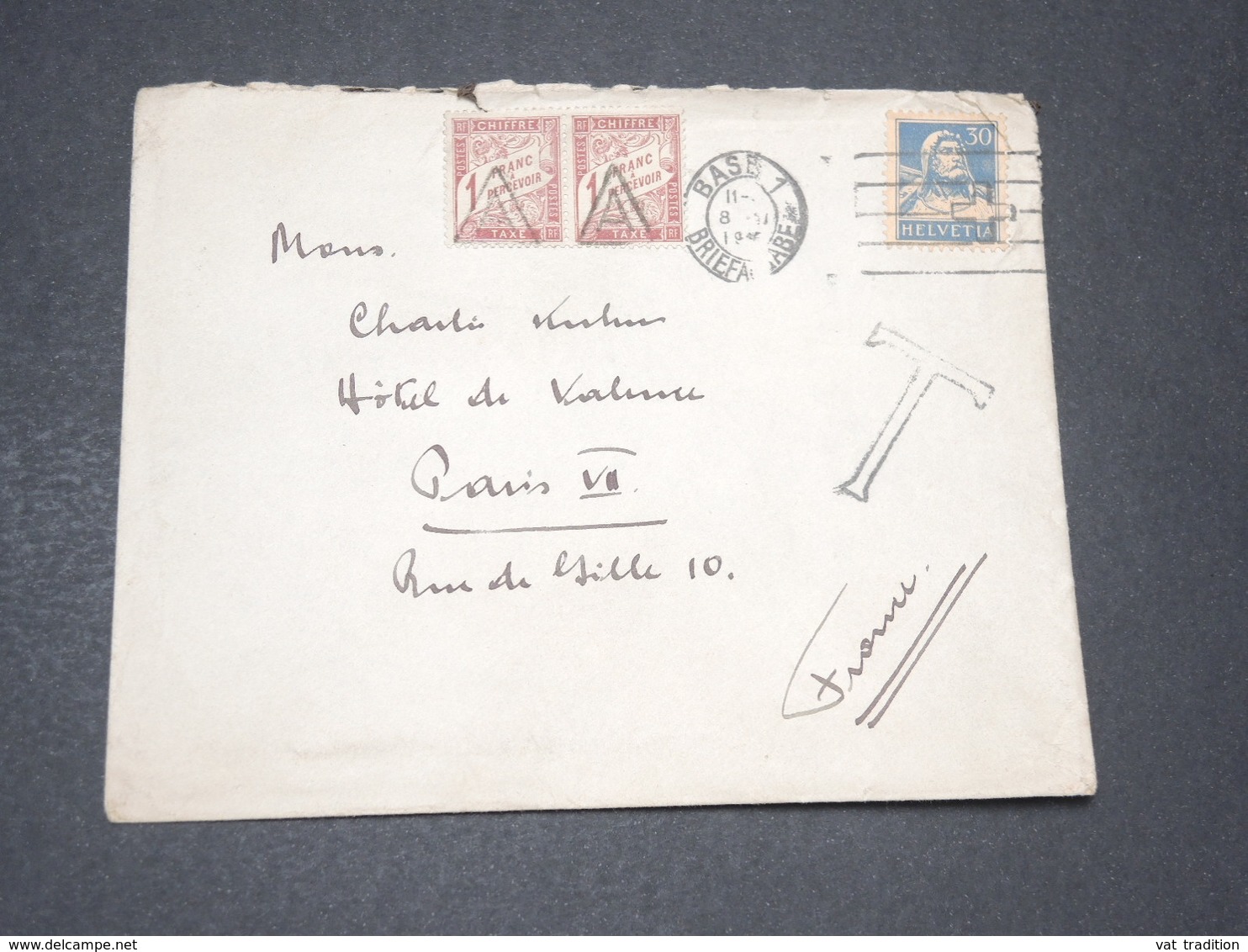 FRANCE - Taxes De Paris Sur Enveloppe De Suisse , Marque " Triangle A" - L 14275 - 1859-1959 Lettres & Documents