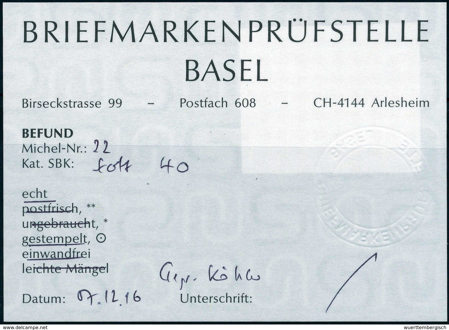 Gest. 430 R., Breitrandiges, Gestplt. Kab.-Stück, Fotobefund Eichele. (Scott 40)<br/><b>Katalogpreis: 200,-</b> (Michel: - Otros & Sin Clasificación