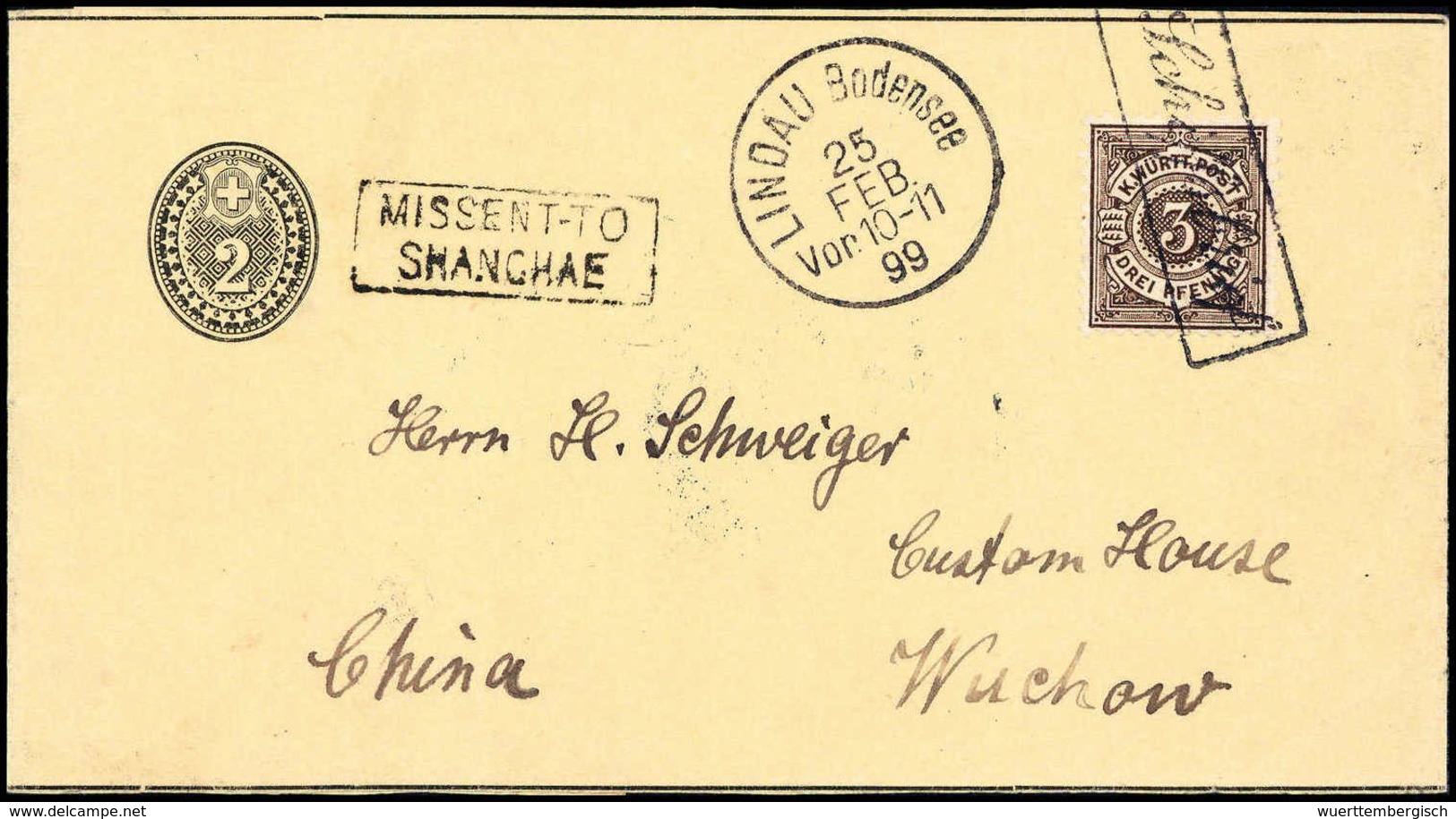 Doppelfrankatur IMPERIAL POST OFFICE WUCHOW: 1899, Württemberg 3 Pfg. Braun (unten Kl. Einriß) Auf Streifband-Ganzsache  - Other & Unclassified