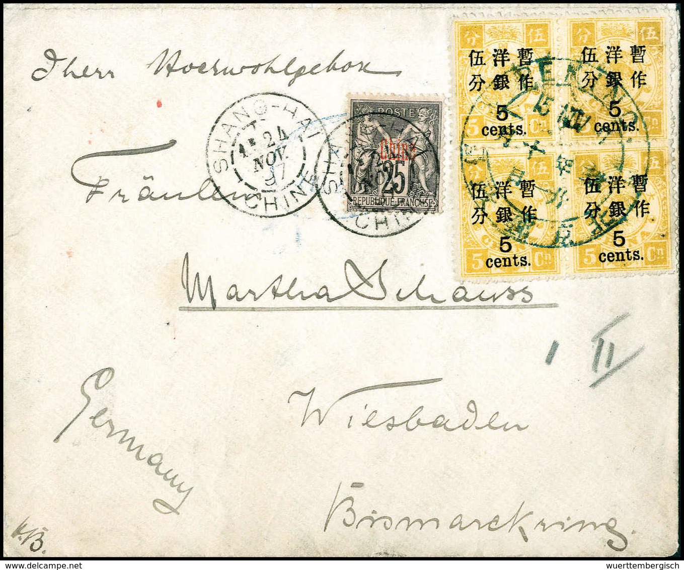 5 C. A. 5 Ca. Olivgelb, Zwei Waagr. Paare In Doppelfrankatur Mit Franz.Post China 25 C. A. Rosa Auf Brief Nach Wiesbaden - Altri & Non Classificati