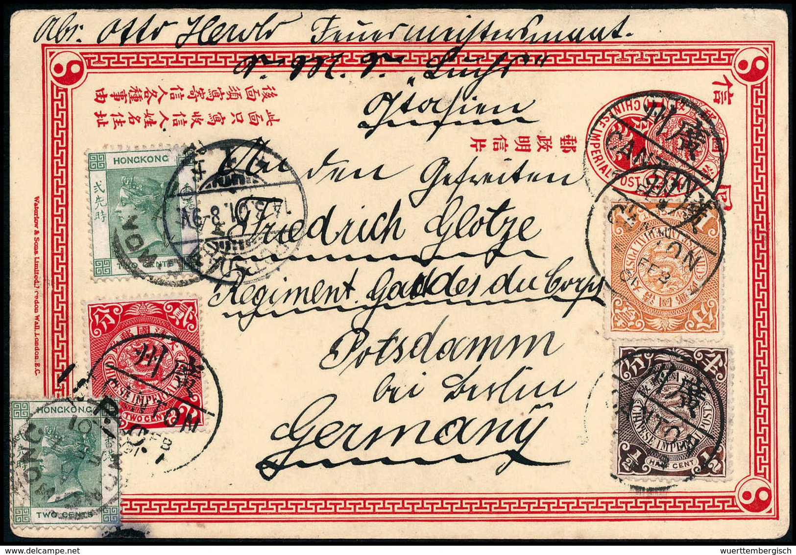 Beleg I.P.O.-Stempel Von CANTON: ½, 1 Und 2 C. Als Zusatzfrankatur Auf Ganzsachenkarte 1 C. Rot In Doppelfrankatur Mit Z - Altri & Non Classificati