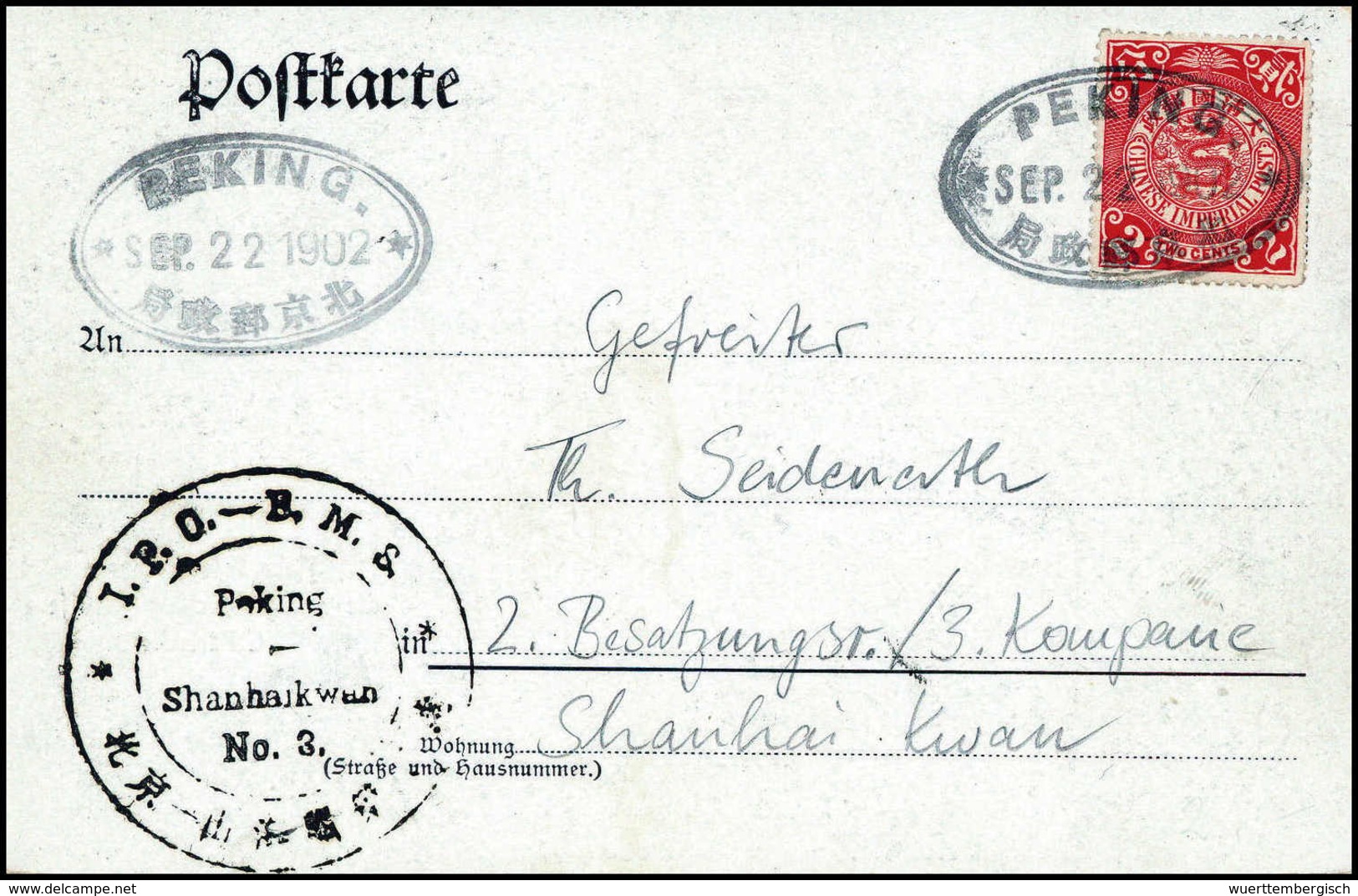 Beleg 2 C., Tadellose Postkarte Mit Klarem Ovalstempel PEKING SEP 22 1902 Und Beiges. Bahnpoststpl. I.P.O.-B.M.S. PEKING - Other & Unclassified