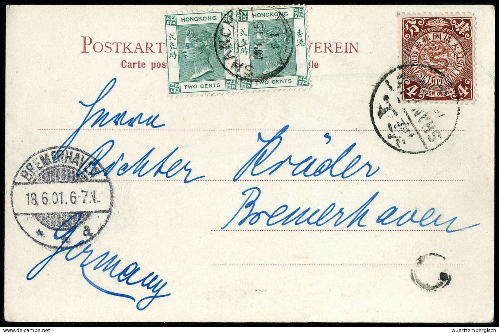 Beleg 4 C. In Doppelfrankatur Mit Hongkong 2 C. Graugrün Mit Stempel SHANGHAI Auf Postkarte Nach Dtld. Mit Ak.-Stempel.  - Other & Unclassified