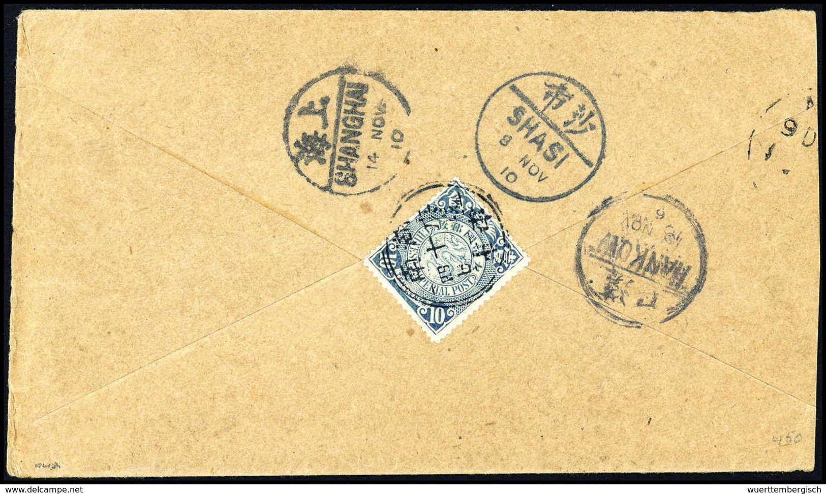 10 C., Rs. Als Verschlußmarke Auf Brief Mit Seltenem Stempel SHASI 8/11 10, Via Hankow Und Shanghai (14/11 10) An Das Fr - Autres & Non Classés