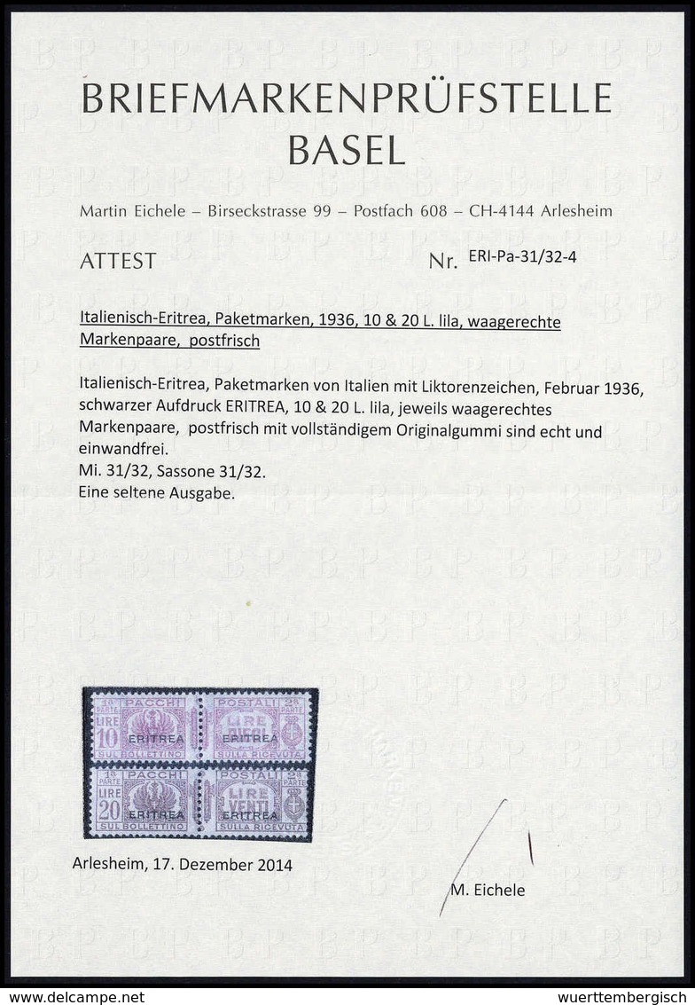 ** 10 Und 20 L., Tadellos Postfr., Fotoattest Eichele (Sassone 31/32).<br/><b>Katalogpreis: 900,-</b> (Michel: 31/32) - Sonstige & Ohne Zuordnung