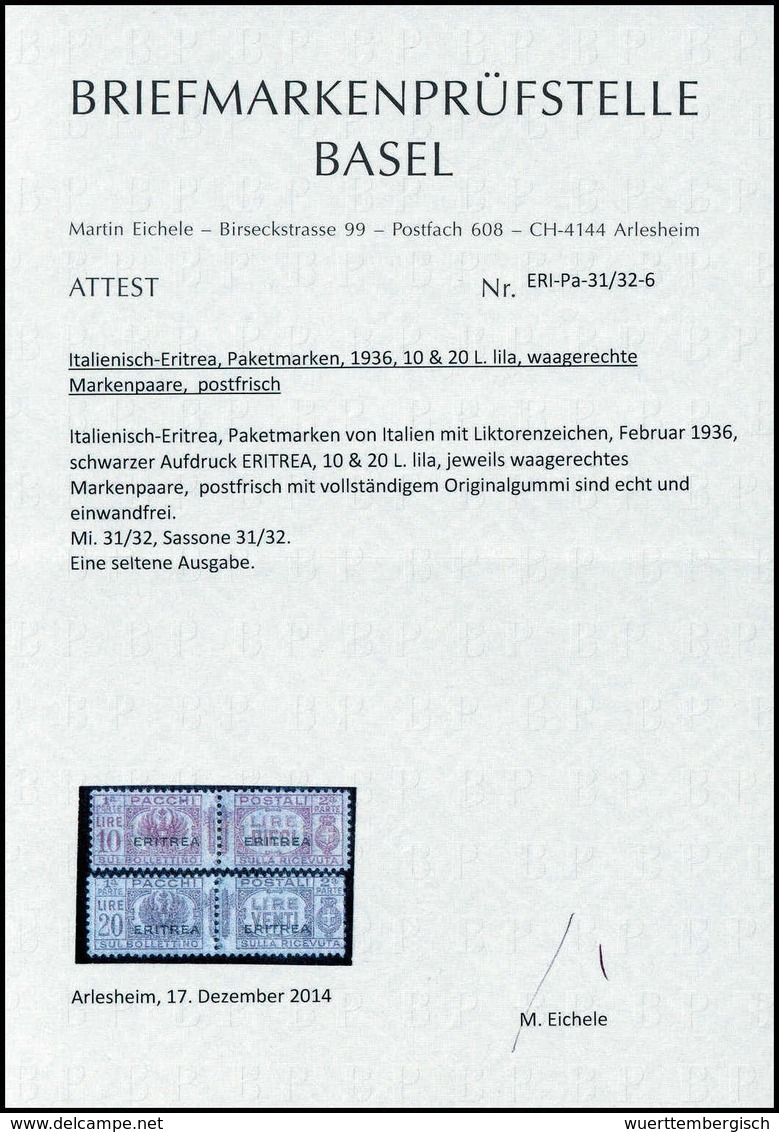 ** 10 Und 20 L., Tadellos Postfr., Fotoattest Eichele. (Sassone 31/32).<br/><b>Katalogpreis: 900,-</b> (Michel: 31/32) - Other & Unclassified