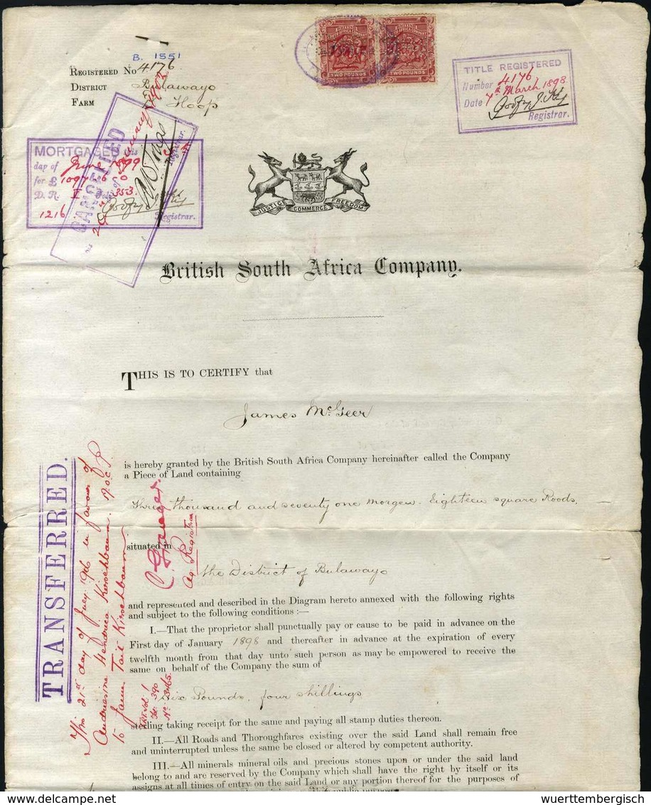 1898, British South Africa Company, Anteilschein über 6 £ Und 4 Sh., Oben Zwei Steuermarken, Innen Mit Eingeklebtem, Kol - Sonstige & Ohne Zuordnung