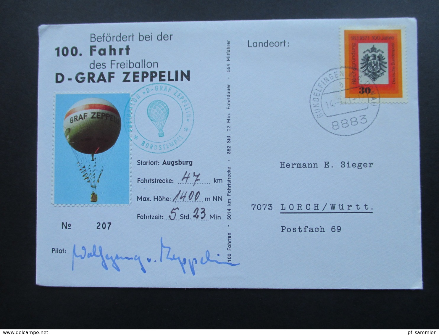 BRD 1971Freiballon D - Graf Zeppelin.Mit Originalunterschrift Des Piloten Wolfgang Von Zeppelin - Airships