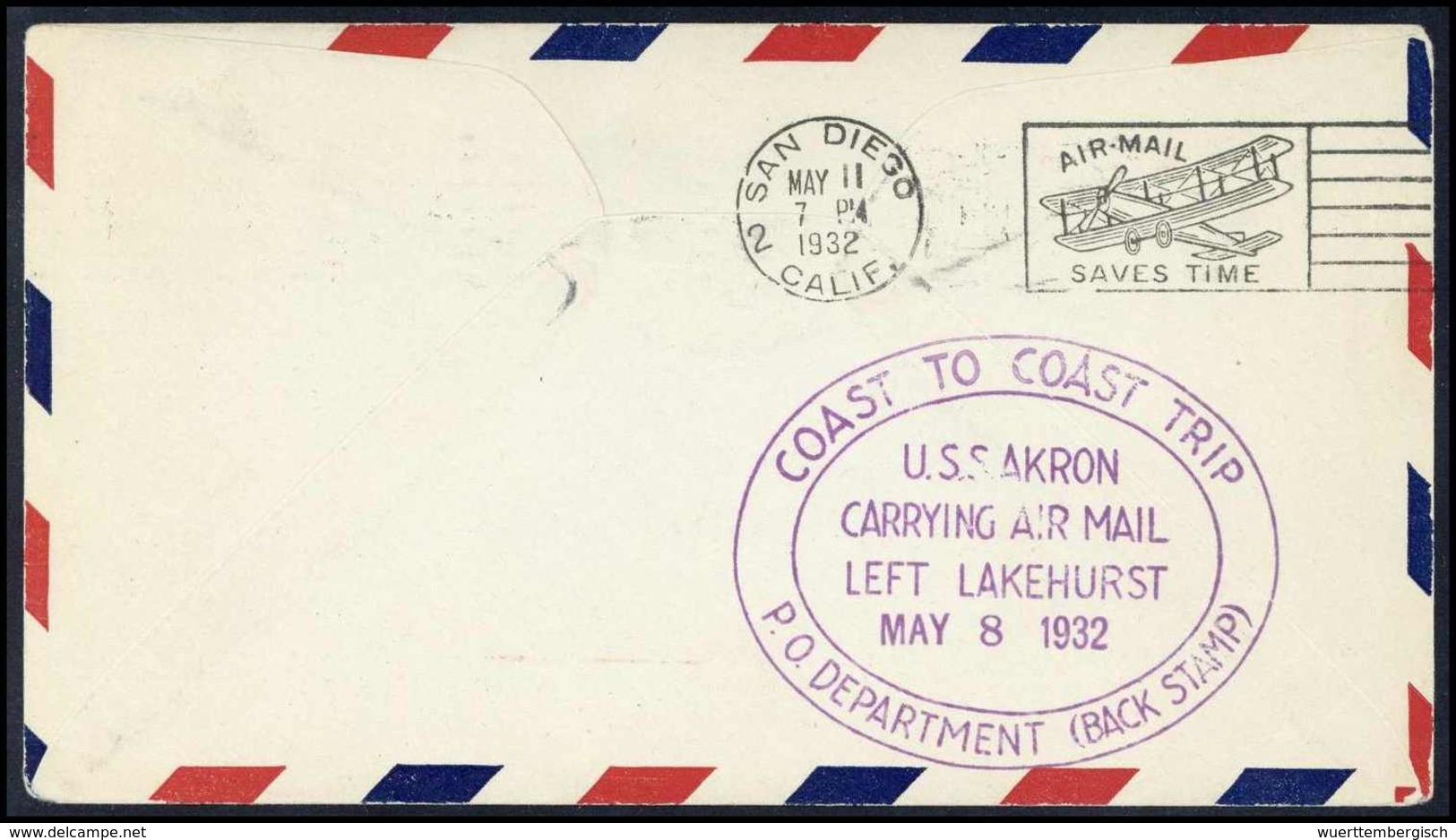 Beleg U.S.S. Akron, Tadelloser Umschlag 5 C. Der Transkontinentalfahrt Lakehurst - San Diego Mit Allen Stempeln. - Altri & Non Classificati