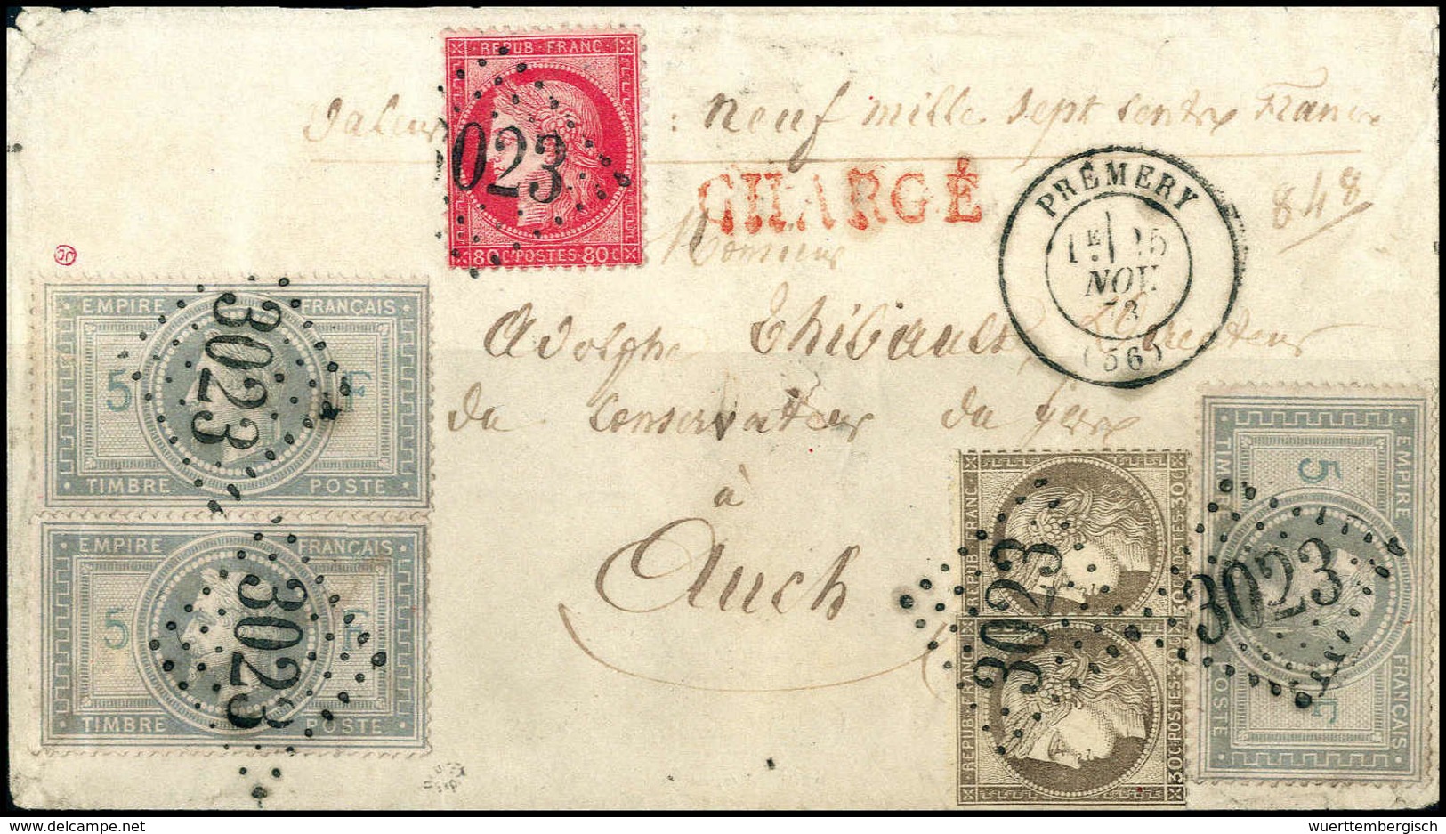 Beleg 5 Fr. Napoleon, Drei Exemplare Mit Zweimal 30 C. Braun U. 80 C. Rosa Auf Wertbrief über 9700 Fr. (eine Marke Fehlt - Altri & Non Classificati