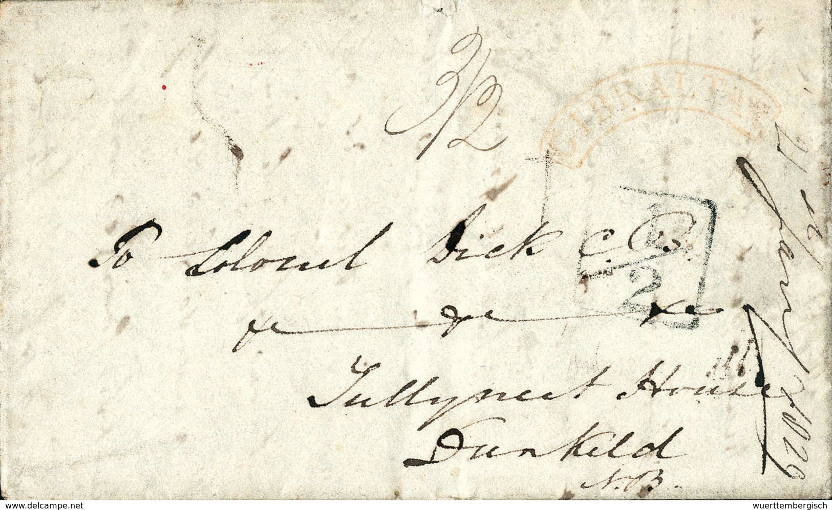 Beleg 1829/46, GIBRALTAR, Halbkreisstempel In Rot Und Schwarz Auf Drei Schönen Briefen, Einer Mit Barfrankierungsstpl. " - Other & Unclassified