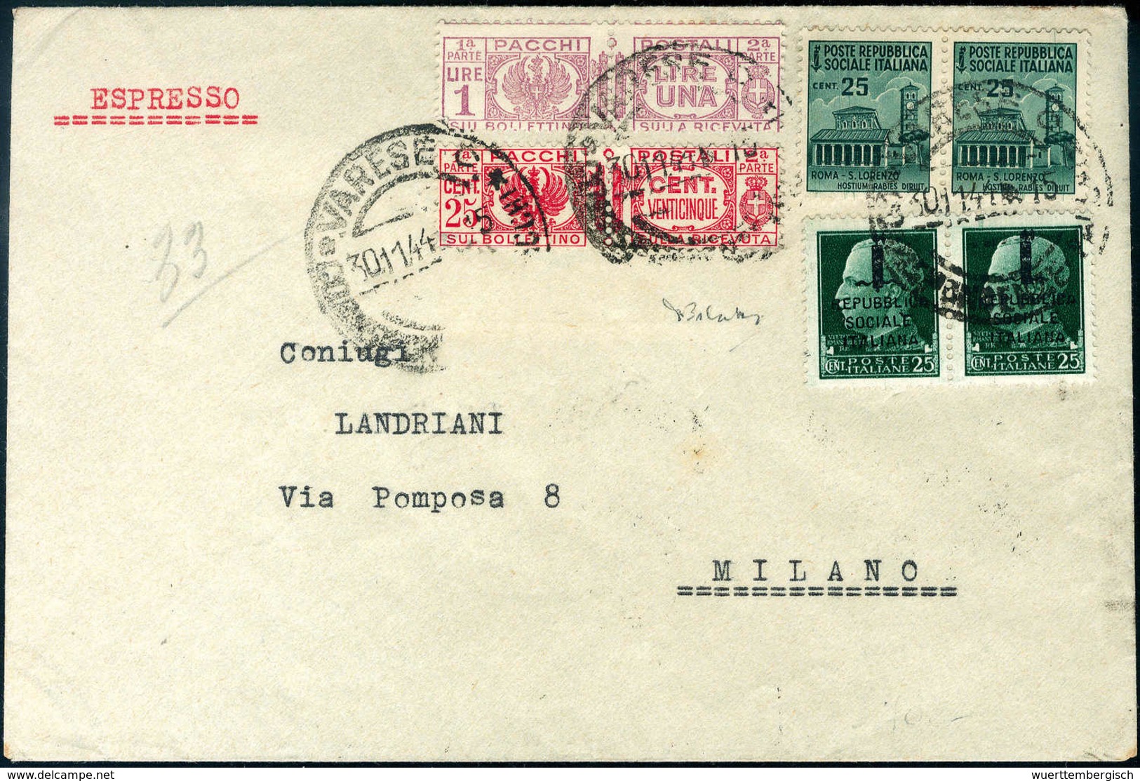 1944, 25 C., Zwei Ausgaben Je Im Waagr. Paar In Mischfrankatur Mit Paketmarken 25 C. Und 1 L. Auf Bedarfs-Expressbrief.  - Altri & Non Classificati