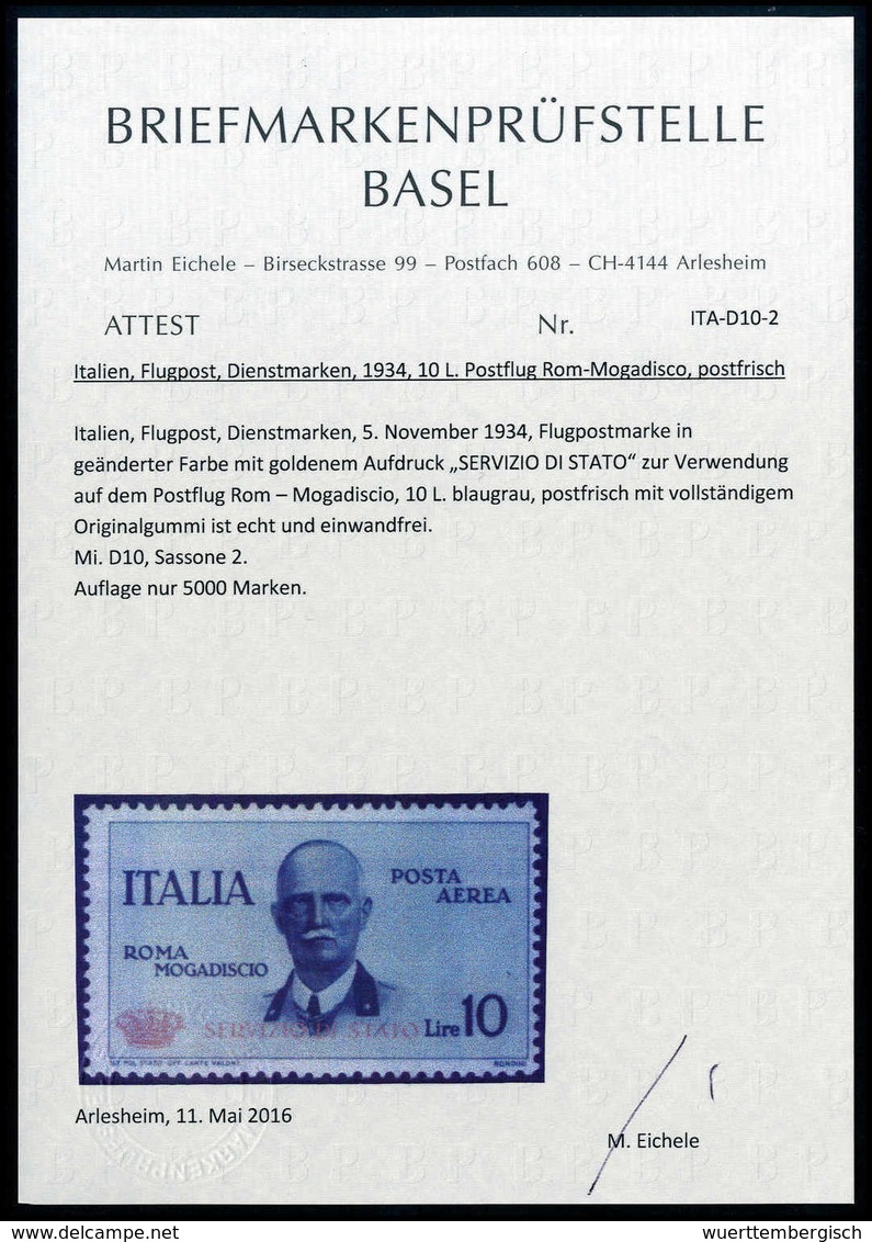 1934, Postflug 10 L., Tadellos Postfrisch, Eine Sehr Seltene Marke Mit Einer Auflage Von Nur 5000 Exemplaren, Fotoattest - Sonstige & Ohne Zuordnung