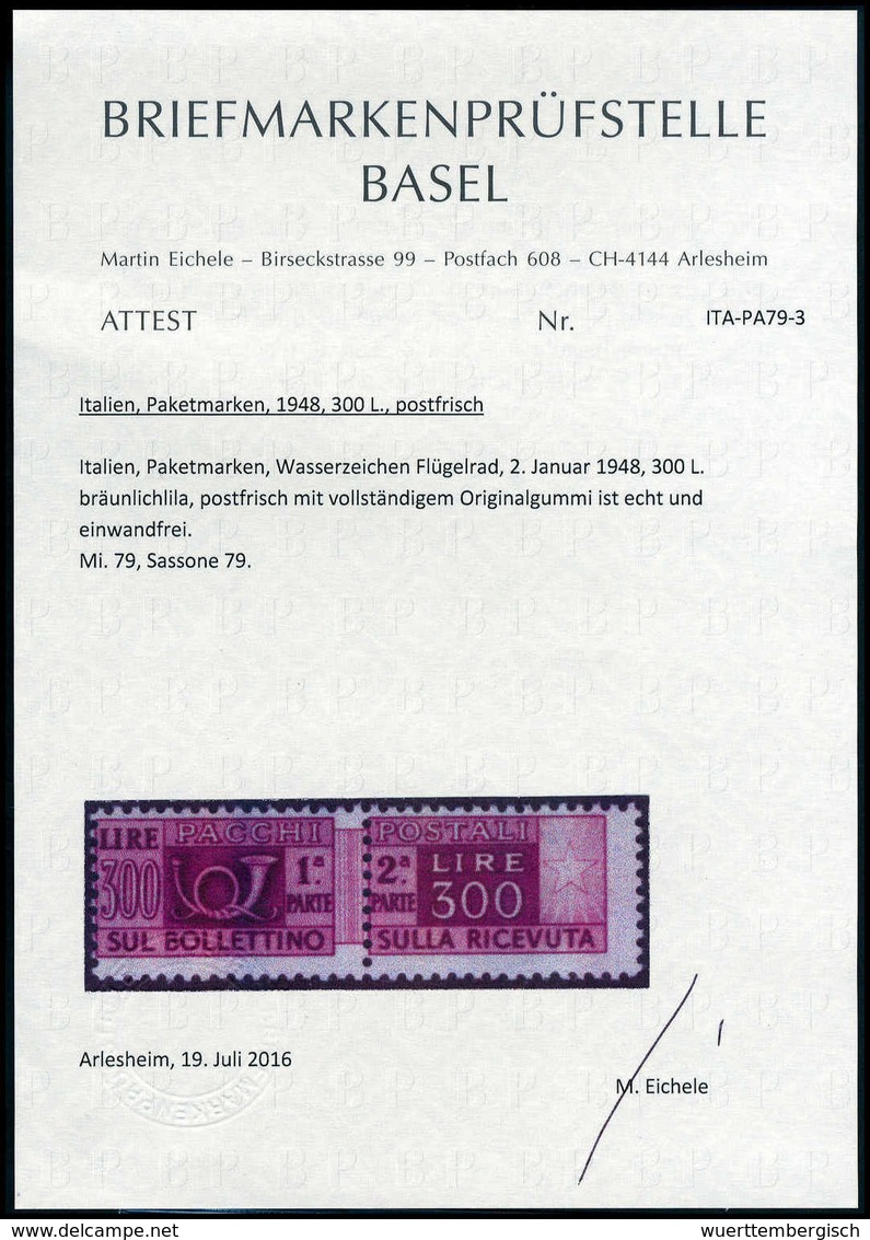 300 L. Bräunlichlila, Wz. "Flügelrad", Tadellos Postfrisch, Fotoattest Eichele (Sassone 79).<br/><b>Katalogpreis: 2.200, - Other & Unclassified