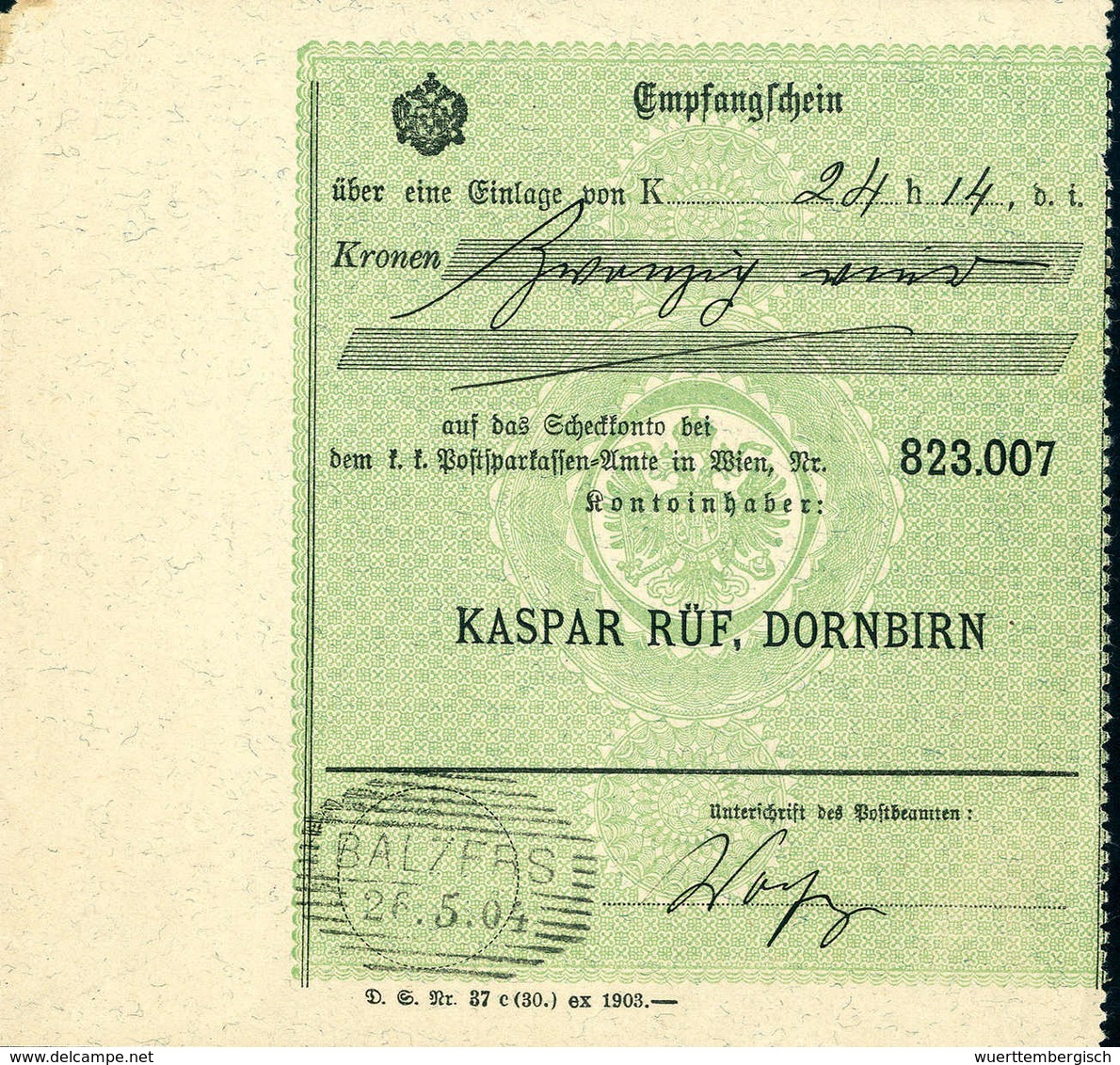 Beleg 1904, BALZERS, Strichstempel 26/5 04 Klar Auf Tadellosem Empfangsschein. - Other & Unclassified