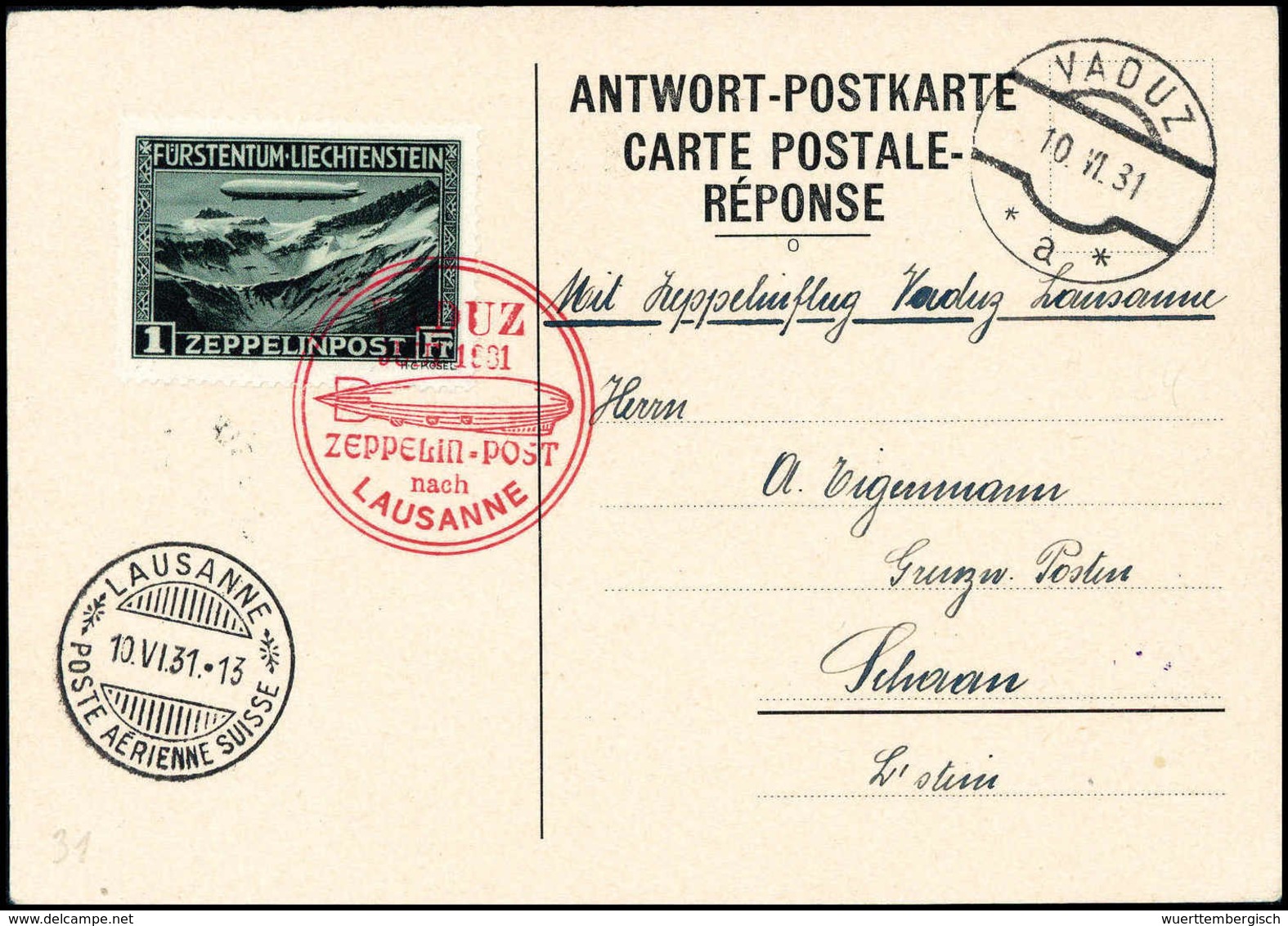 Beleg 1 Fr. Auf Tadelloser Antwort-Postkarte Zum Zeppelinflug Vaduz-Lausanne Vom 10.6.1931 Mit Rotem SST.<br/><b>Katalog - Sonstige & Ohne Zuordnung