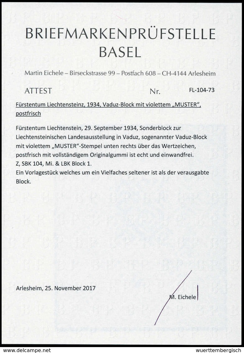 ** "MUSTER"-Aufdruck: Vaduz-Block, Tadellos Postfr. Exemplar, Re. Unten Mit Violettem Handstempel-Aufdruck "MUSTER". Der - Sonstige & Ohne Zuordnung