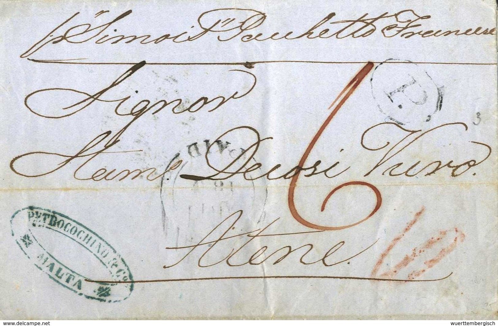 1857, MALTA, Austaxierter, Blauer Faltbrief Nach Athen. Selten. - Autres & Non Classés