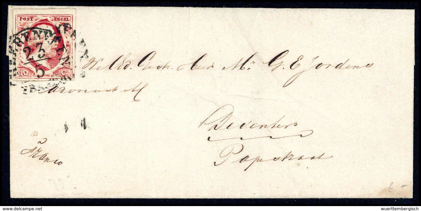 10 C., Breitrandiges Kab.-Stück Mit Stempel HEERENVEEN 23/5 (1855) Auf Kleinem, Weißem Faltbrief, Rs. L1 GORREDYK. (Mich - Autres & Non Classés