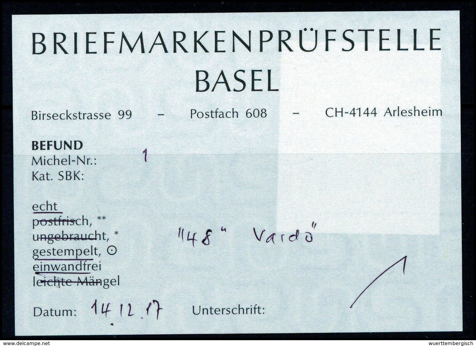 Gest. 4 Sk., Breitrandiges Kab.-Stück Mit Zentr. Klarem Dreiringstempel "48" VARDO, Fotobefund Eichele. (Michel: 1) - Other & Unclassified