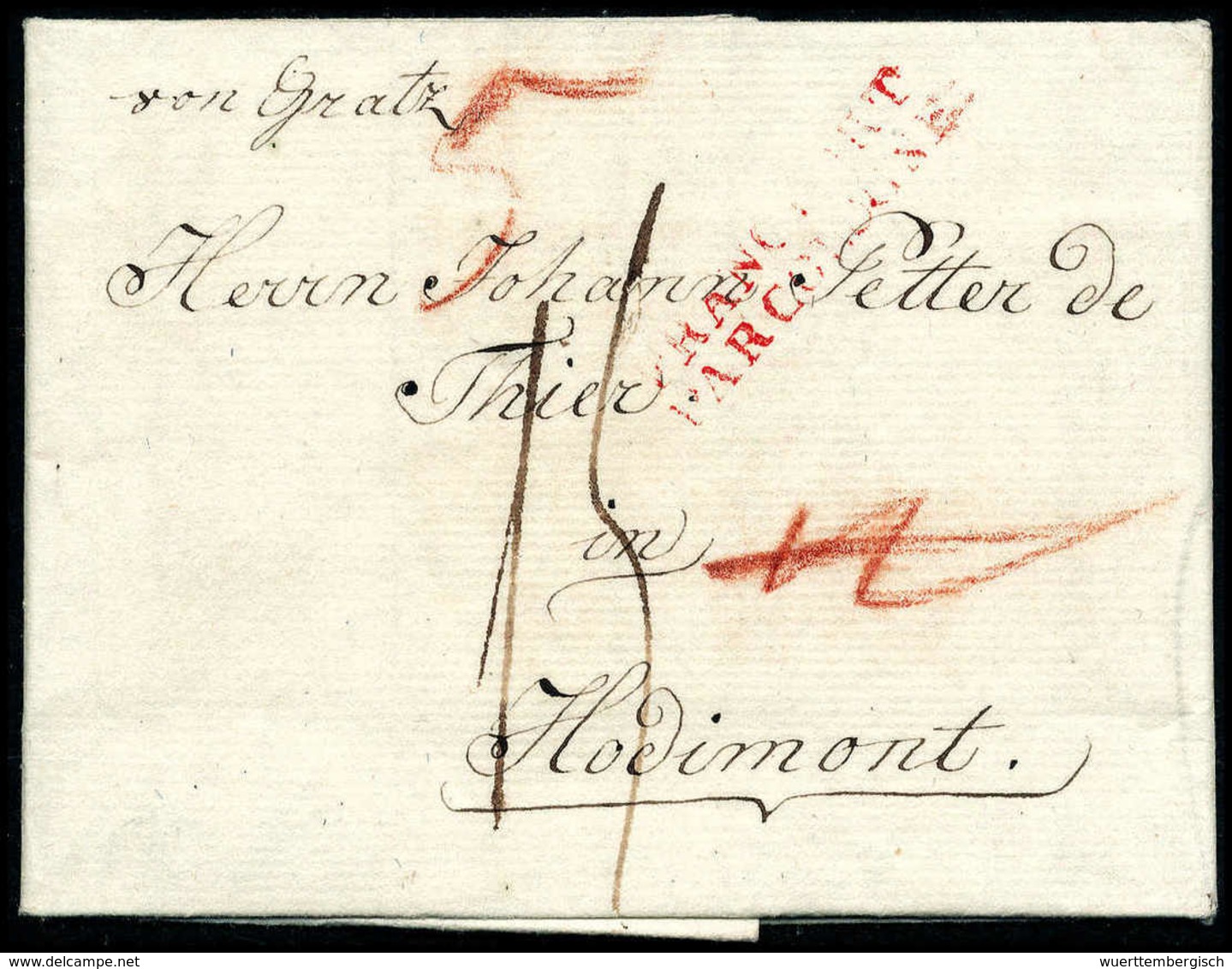 1801, "von Gratz" Sowie Roter L2 FRANCFORT PAR COBLENCE Auf Kleinem Luxusbrief Nach Frankreich. - Other & Unclassified