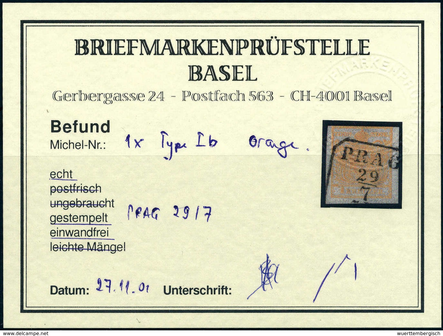 Gest. 1 Kr., Type Ib, Noch Voll- Bis Breitrandiges Prachtstück Mit Klarem R4 PRAG, Befund Eichele.<br/><b>Katalogpreis:  - Sonstige & Ohne Zuordnung